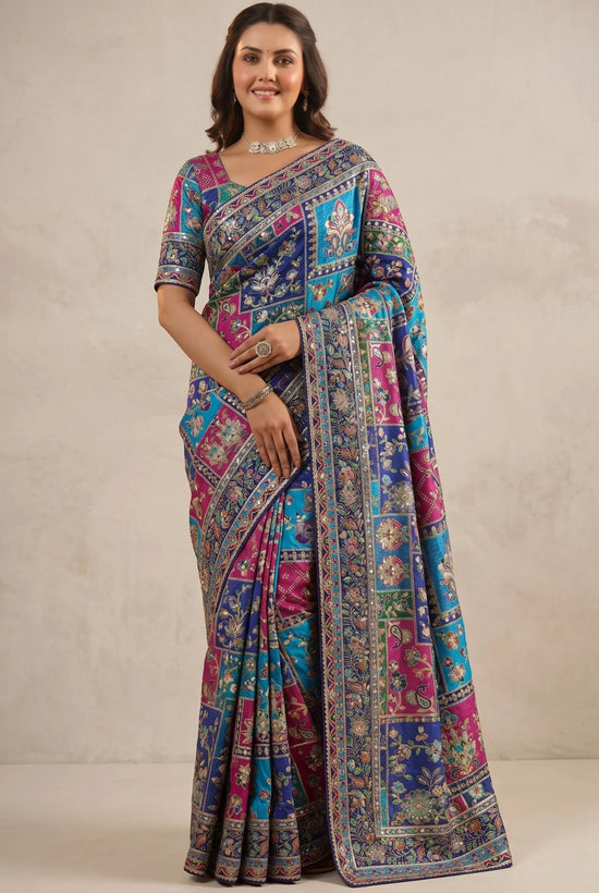 Navy Fuchsia Teal Floral Patchwork Silk Blend Saree - Rangoli India