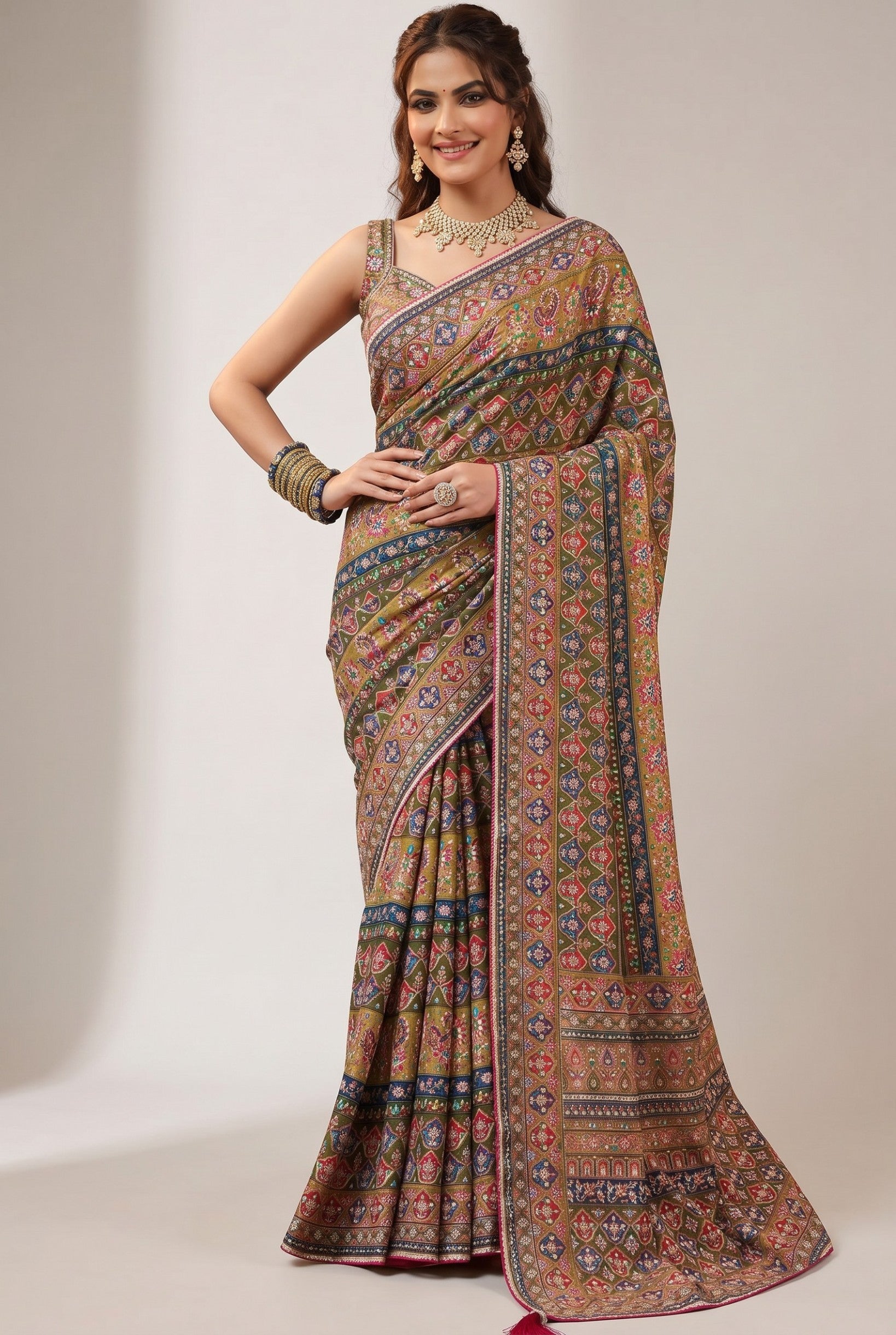 Rangoli olive green silk saree with intricate embroidery in blue and red, featuring tassels. Model wears traditional jewelry.