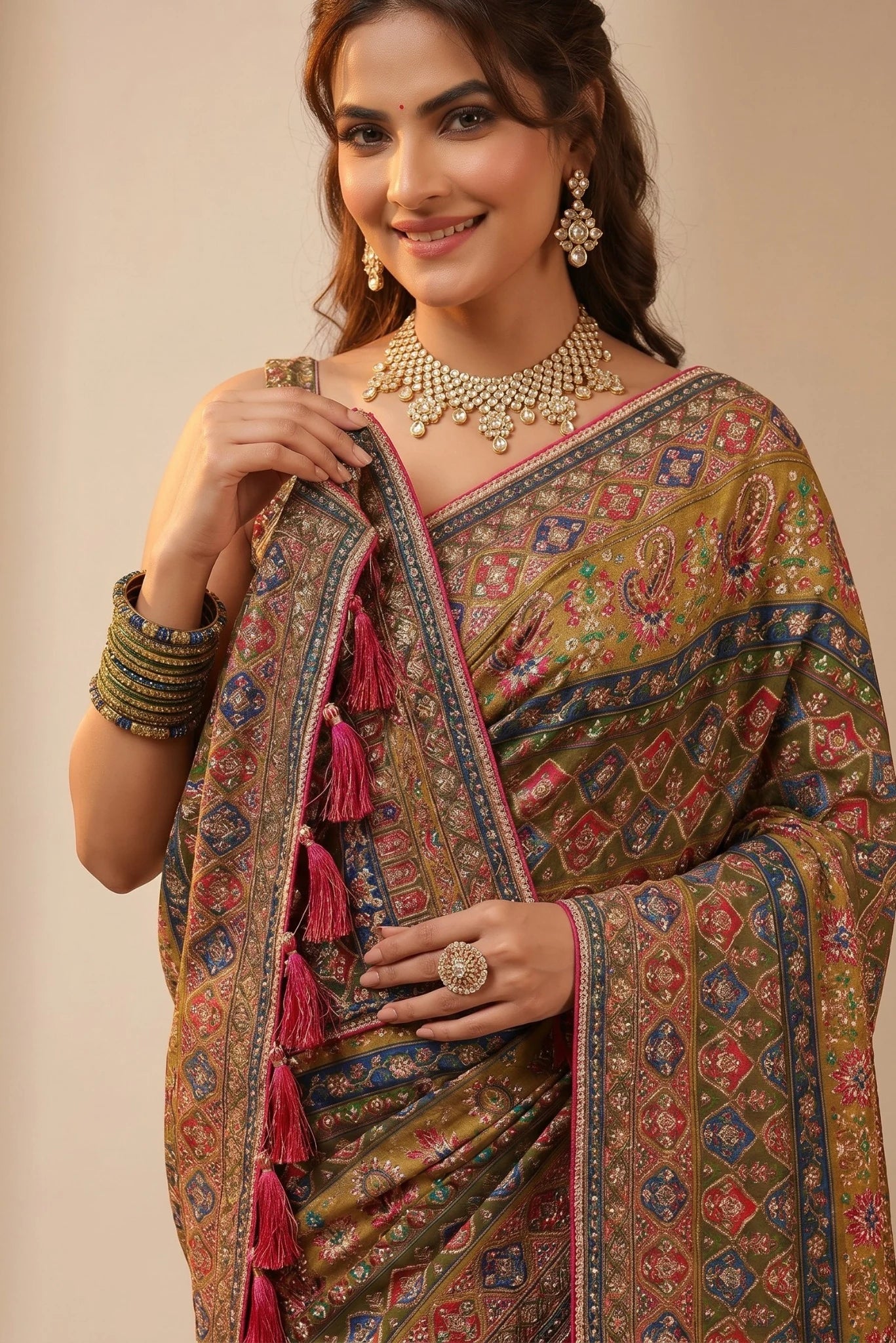 Woman wearing a traditional multicolored saree with intricate patterns and jewelry.