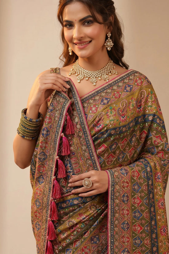 Mehendi Olive Multicolour Kani Geometric Silk Saree with Tassel Border - Rangoli India