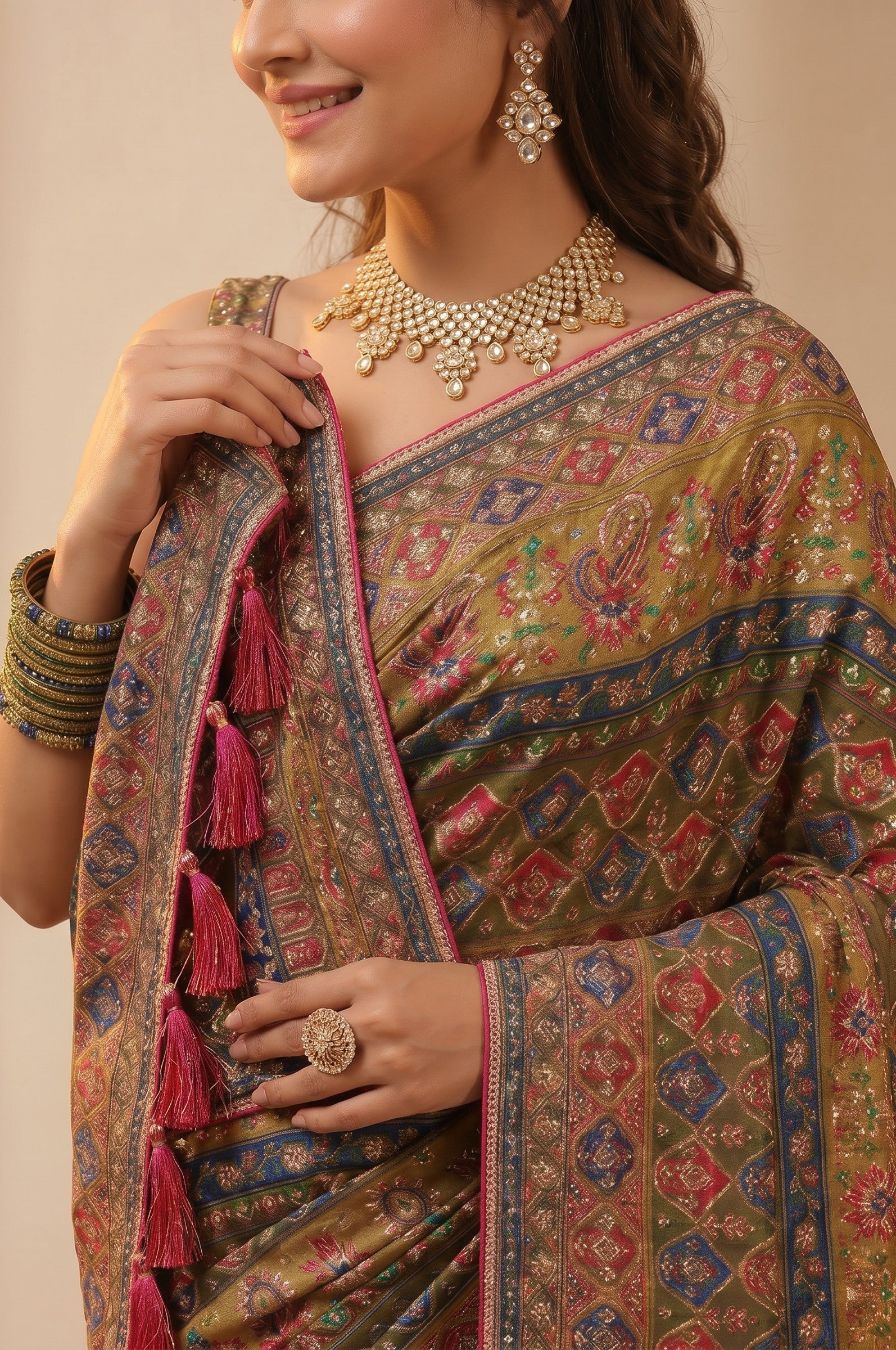 Rangoli olive green silk saree with intricate embroidery in blue and red, featuring delicate tassels and a rich sheen.