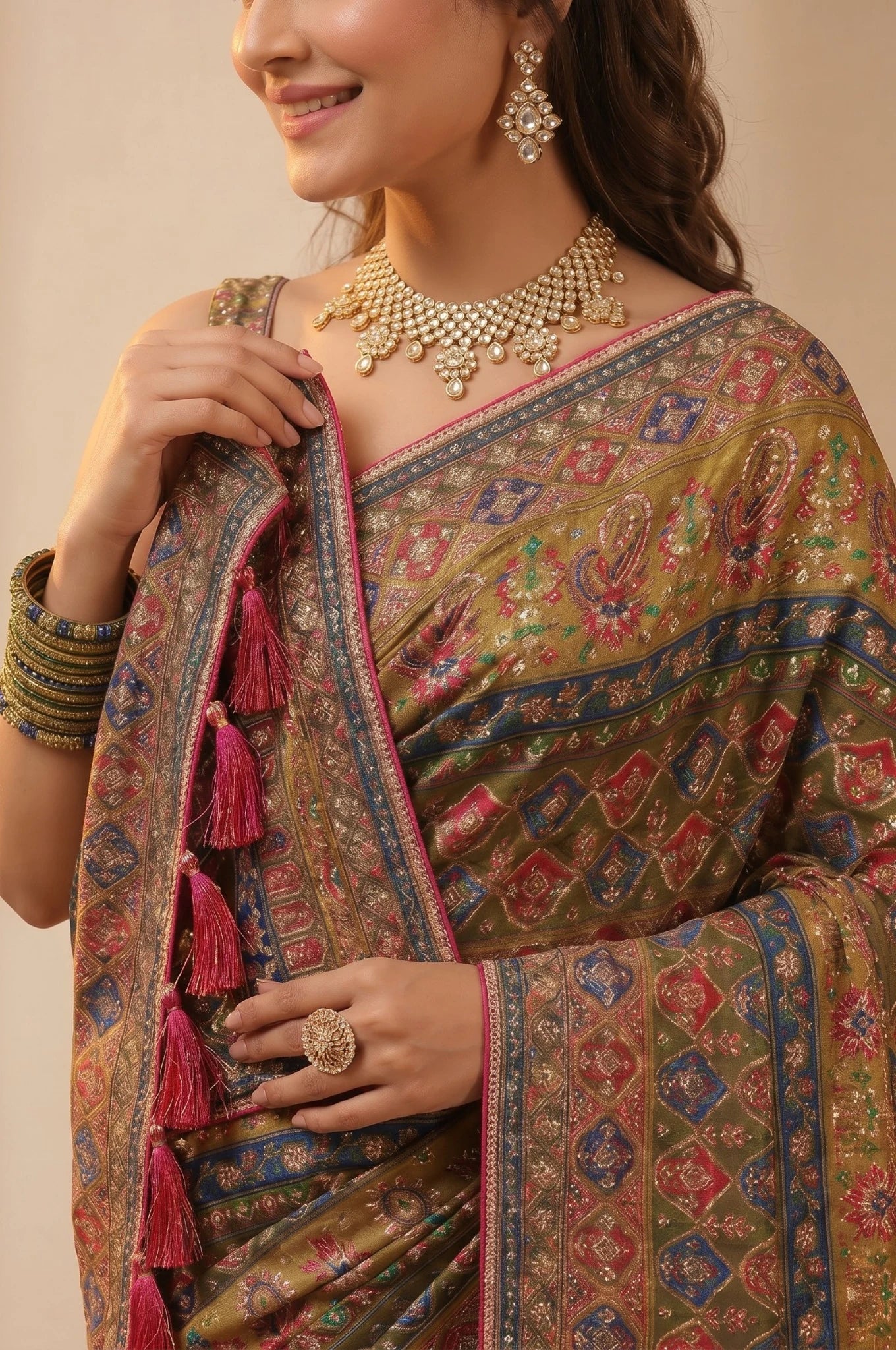 Woman wearing a traditional saree with intricate patterns and jewelry.