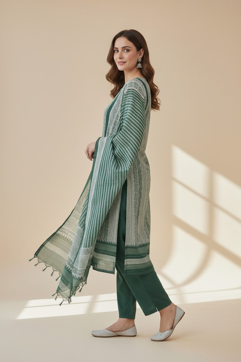 Rangoli green cotton kurta set with printed dupatta and solid pants. Features intricate patterns and tassels.