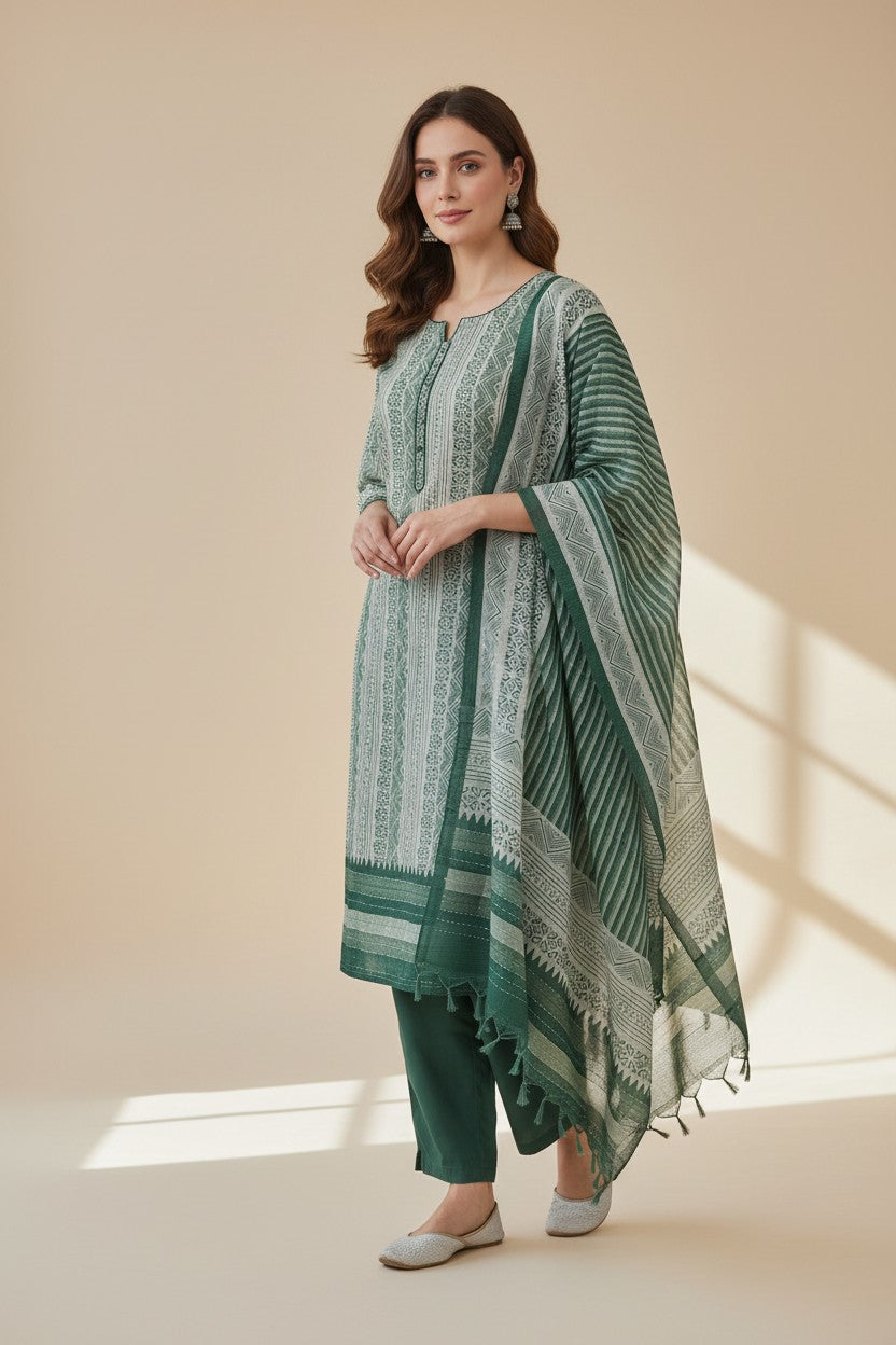 Rangoli green cotton kurta set with white print, matching pants, and dupatta with tassels. Ideal for festive occasions.