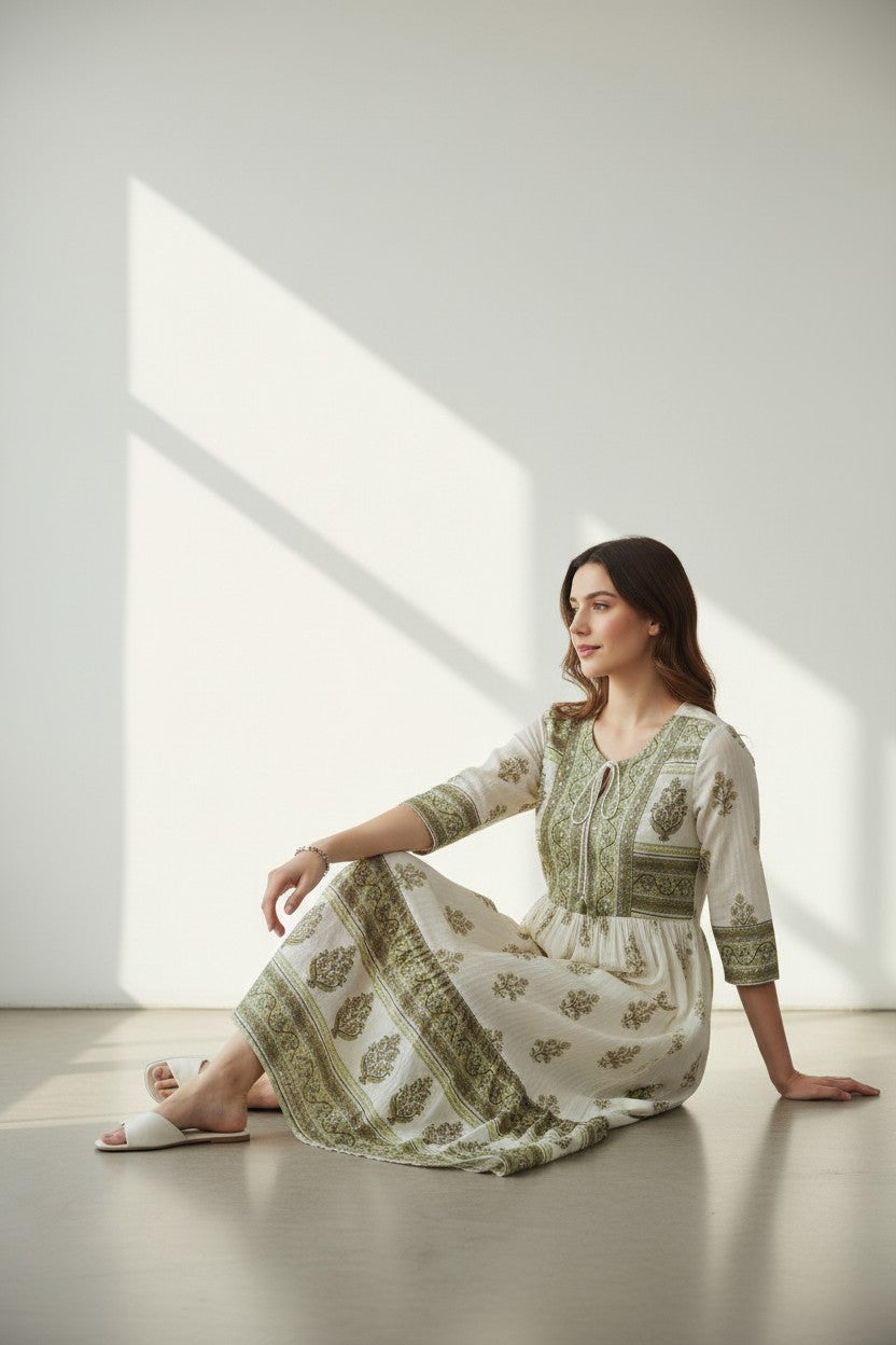 Rangoli white and green tiered maxi dress with tie neckline and nature-inspired print. Three-quarter sleeves.
