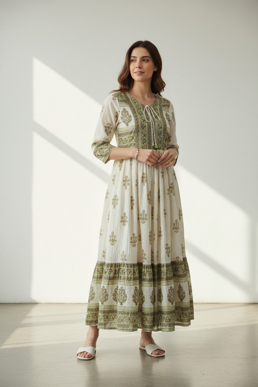 Rangoli tiered maxi dress with tie neckline, three-quarter sleeves, and green nature-inspired print. Lightweight fabric.