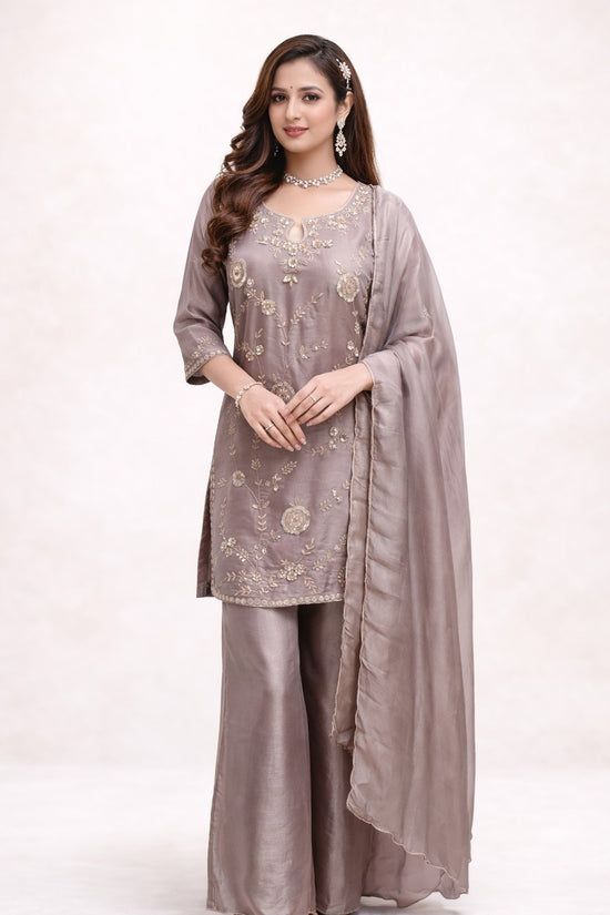 Rangoli grey silk kurta set with floral embroidery, sequin work, three-quarter sleeves, palazzo pants, and dupatta.