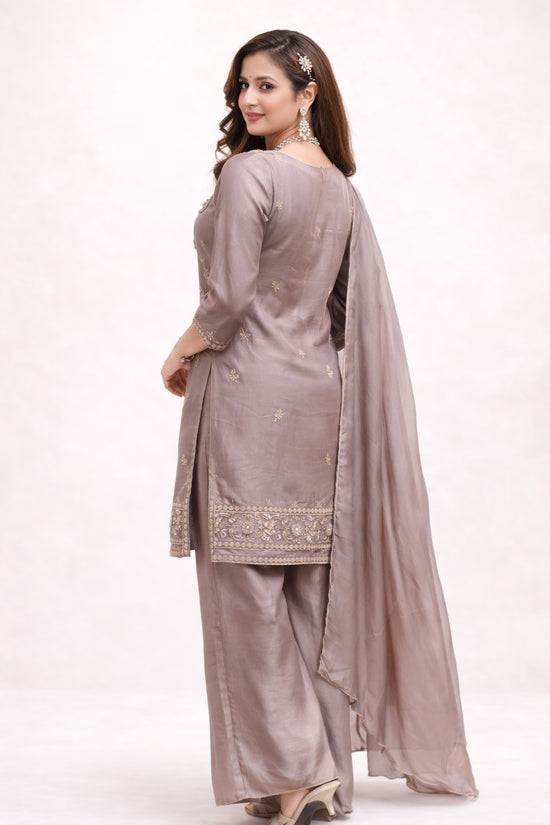 Rangoli grey silk kurta set with palazzo pants and dupatta, featuring floral embroidery and sequin work.