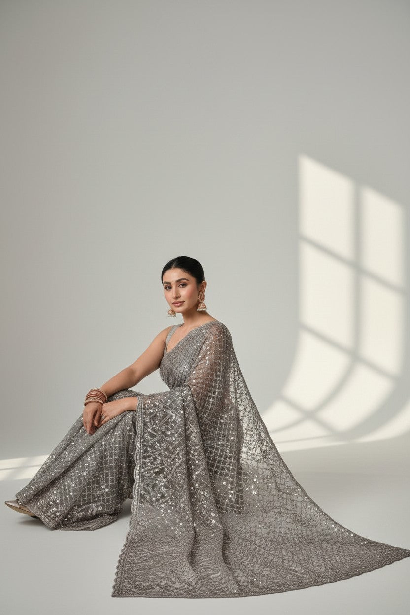 Rangoli grey net saree with all-over sequin embellishments and intricate border detailing. Model is wearing a sleeveless blouse.