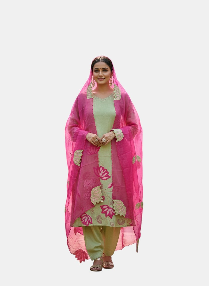 Rangoli light green cotton silk kurta set with pink organza dupatta featuring lotus embroidery. Festive wear.