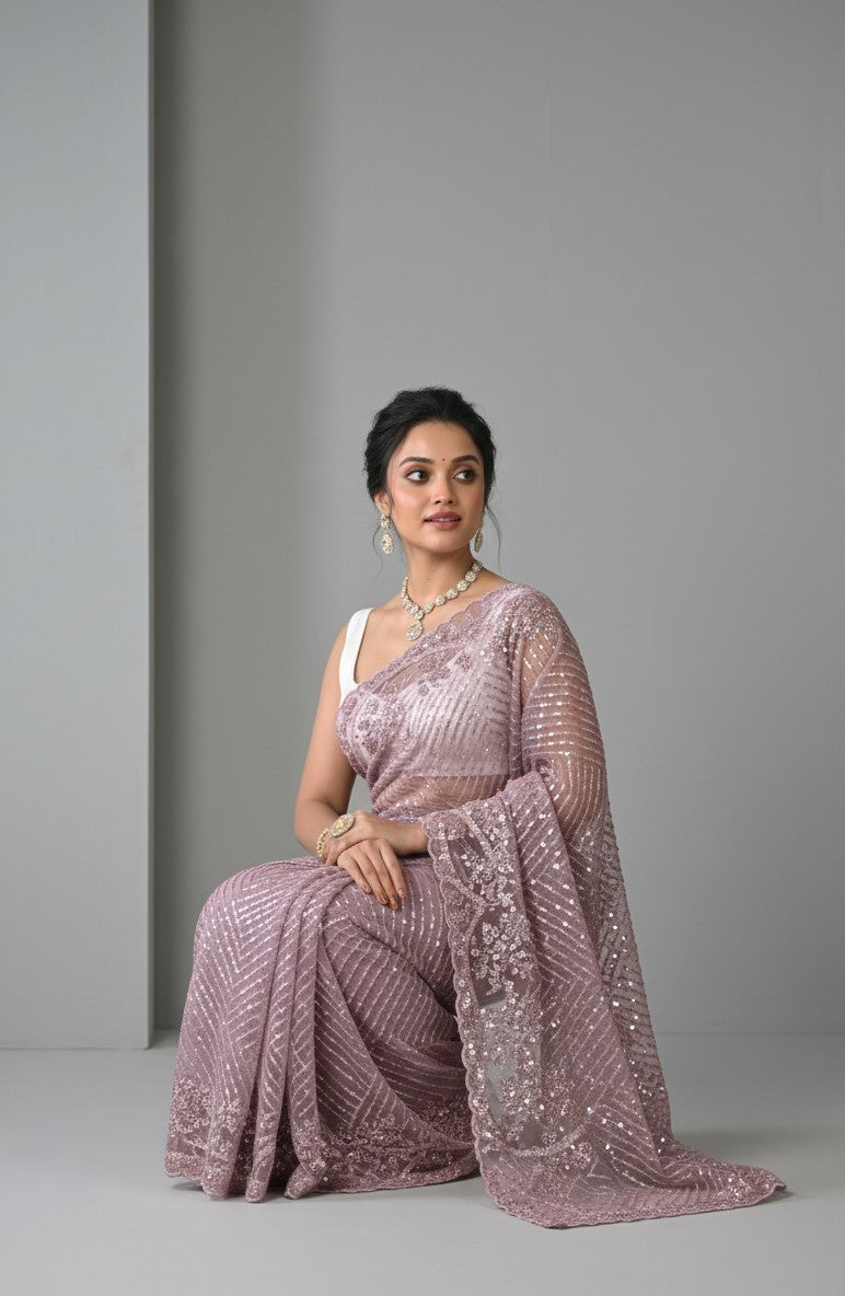 Rangoli lilac net saree with intricate sequin embellishments and floral border. Model wears it with a white blouse and statement jewelry.