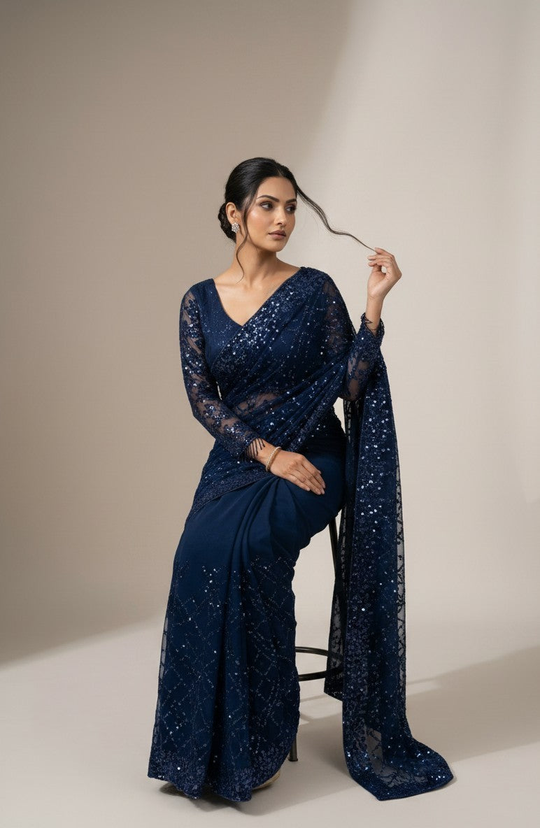Rangoli navy blue net saree with full sleeves blouse, embellished with intricate sequins. Model seated, posing.