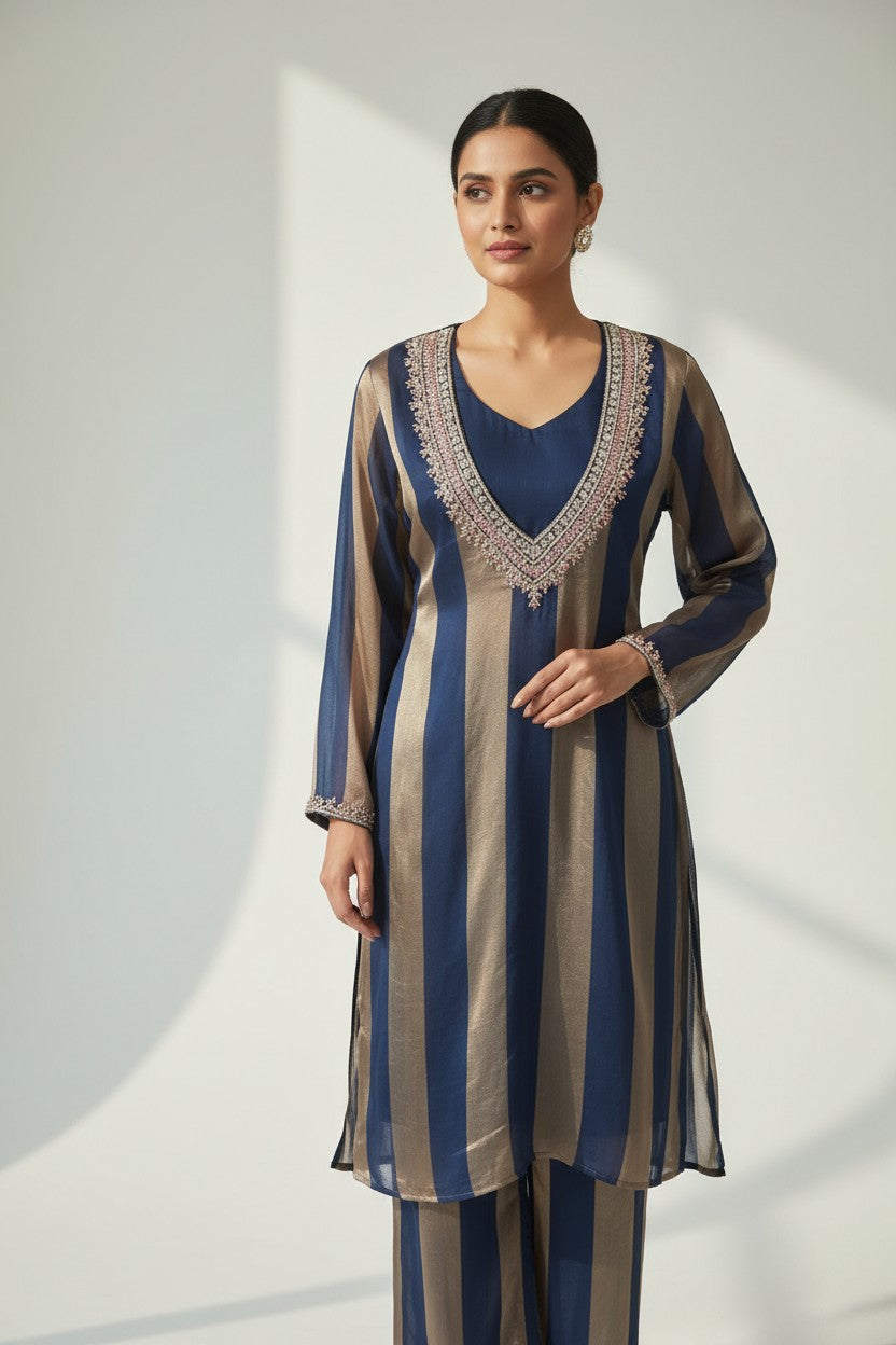 Rangoli navy and gold striped silk blend V-neck kurta with embroidered neckline and matching pants.