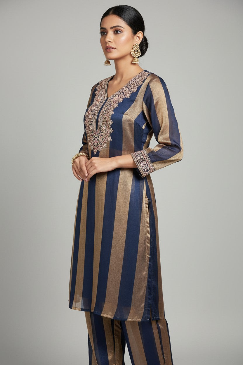 Rangoli navy and gold striped silk blend V-neck kurta with embroidered neckline and cuffs, paired with matching pants.