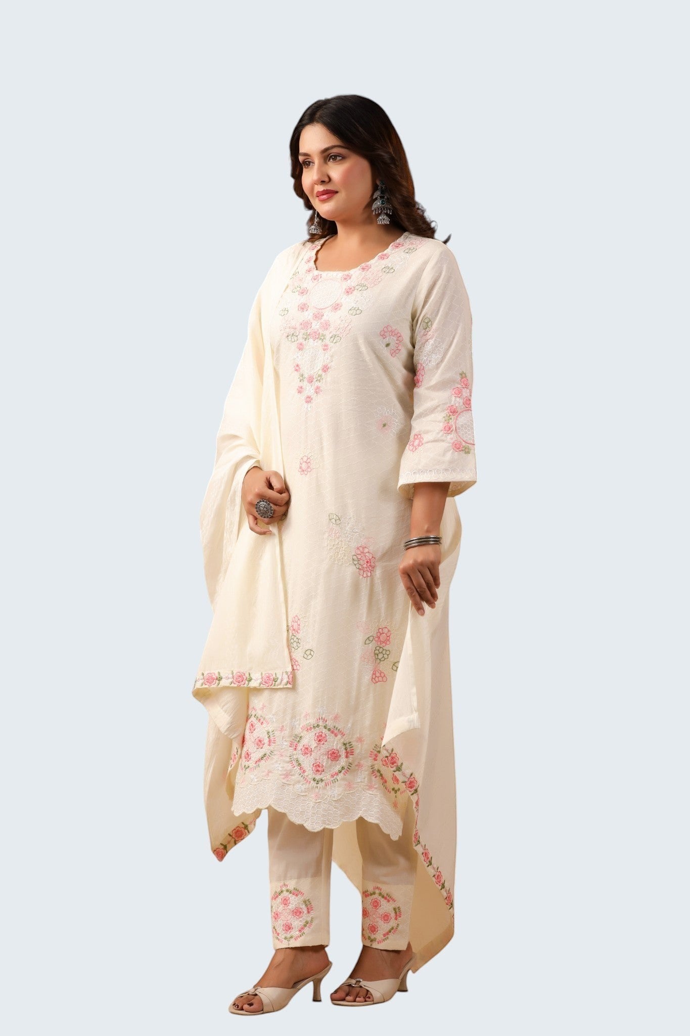 Rangoli off white cotton suit with pink floral embroidery on kurta, trousers, and dupatta. Three-piece ethnic wear.