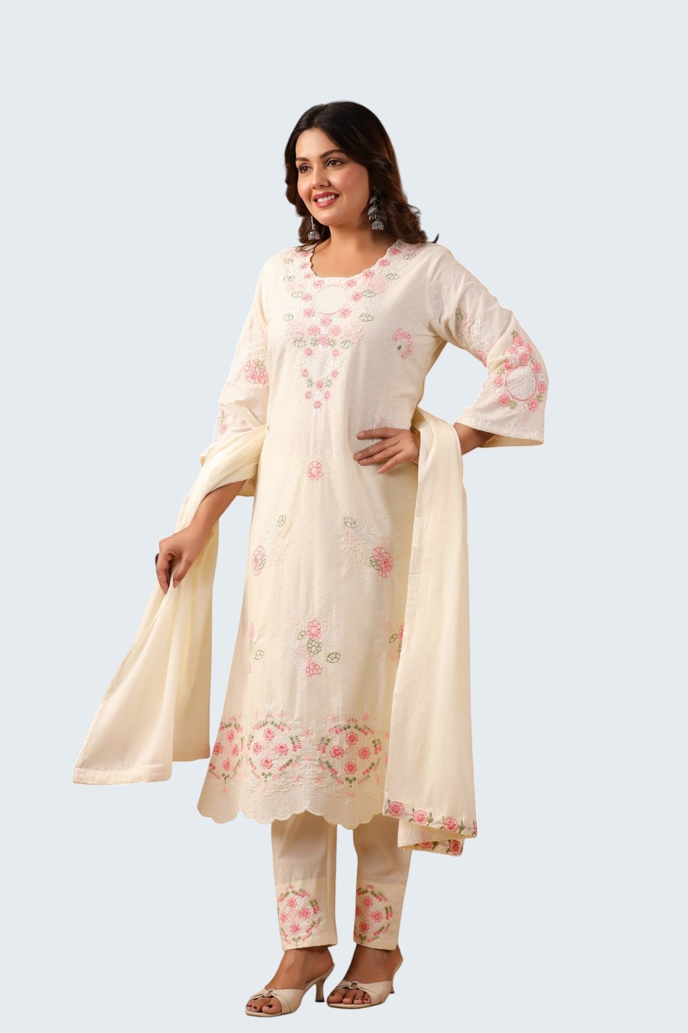 Rangoli off white cotton suit with pink floral embroidery on neckline, sleeves, hem, and trousers. Includes dupatta.