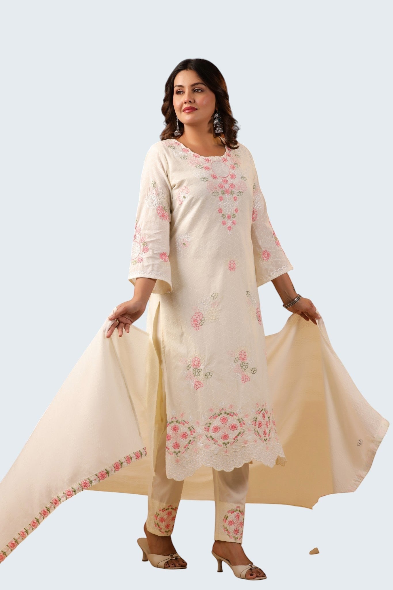 Rangoli off white cotton suit with pink floral embroidery on kurta, trousers, and dupatta. Three-piece ethnic wear.
