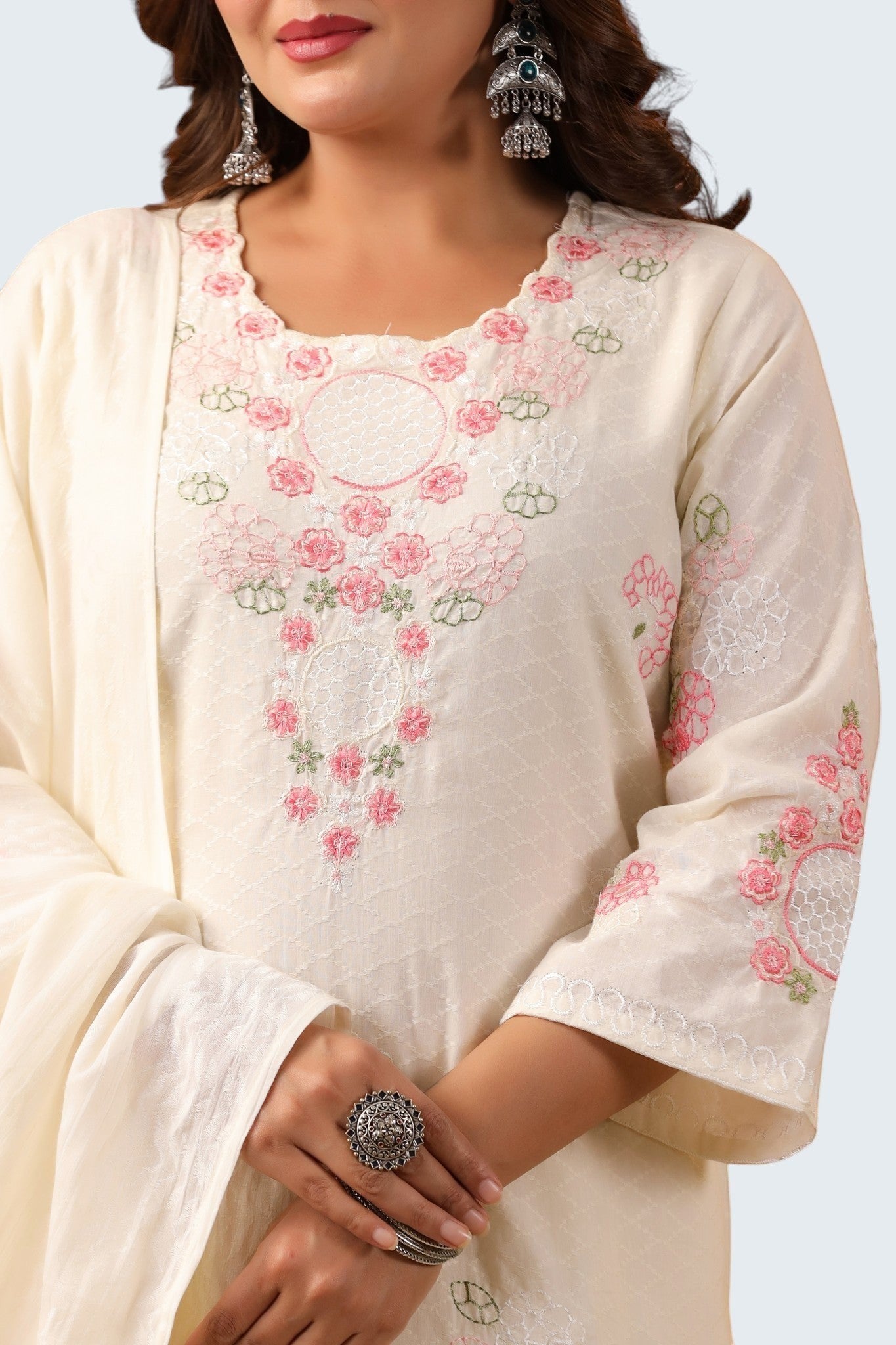 Rangoli off white cotton suit with pink floral embroidery on neckline and sleeves, includes dupatta.