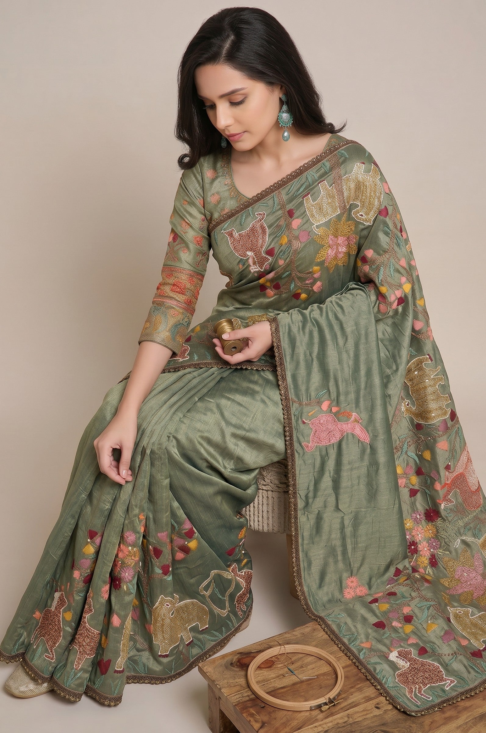 Rangoli olive green silk blend saree with colorful animal and floral embroidery, delicate border, and matching blouse.
