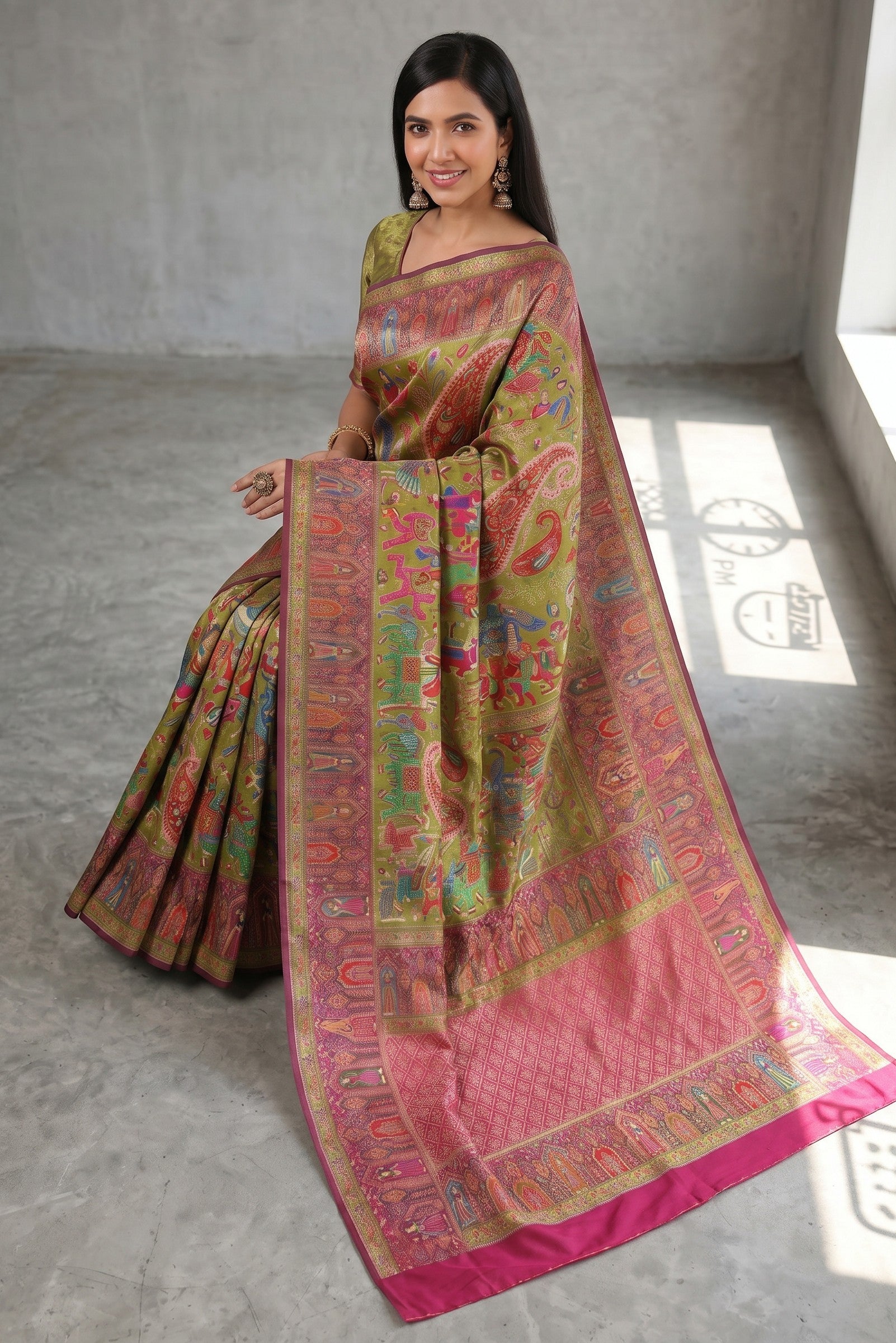 Rangoli traditional olive green Kanjeevaram silk saree with intricate motifs and magenta border. Model wears it for a festive occasion.