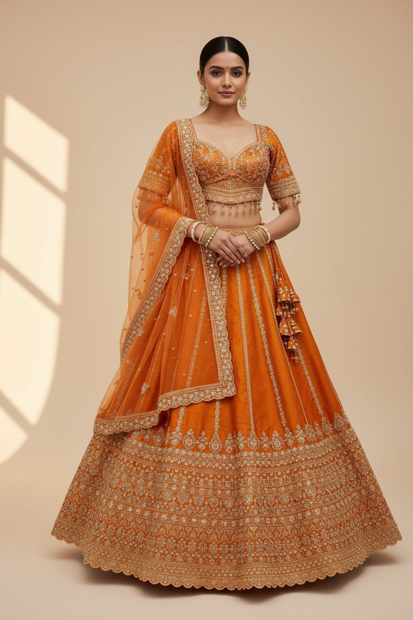 Rangoli orange silk lehenga with gold embroidery, beadwork, and net dupatta. Perfect for celebrations.