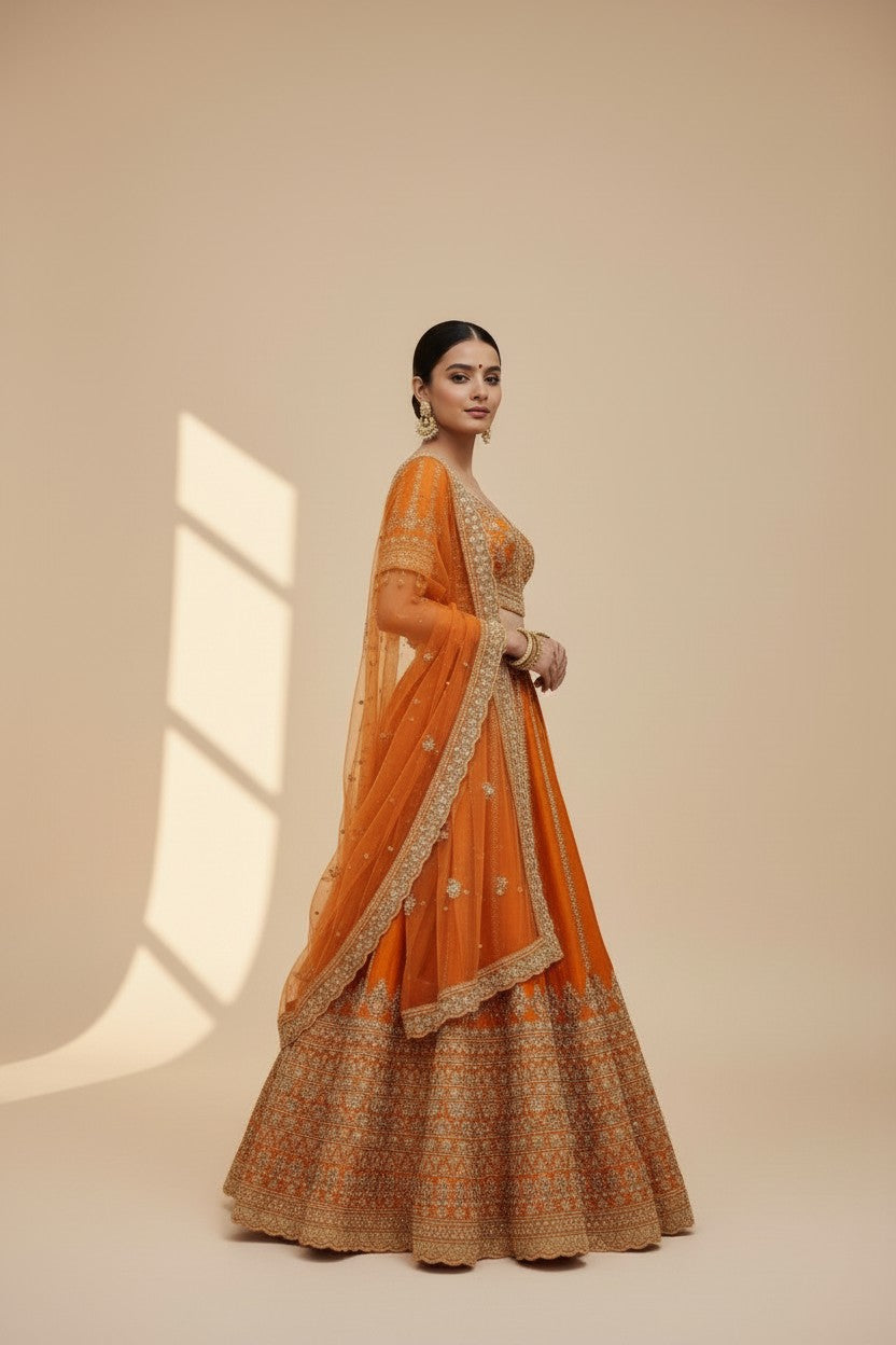 Rangoli orange silk lehenga with gold embroidery, beadwork, and net dupatta. Traditional Indian attire for celebrations.