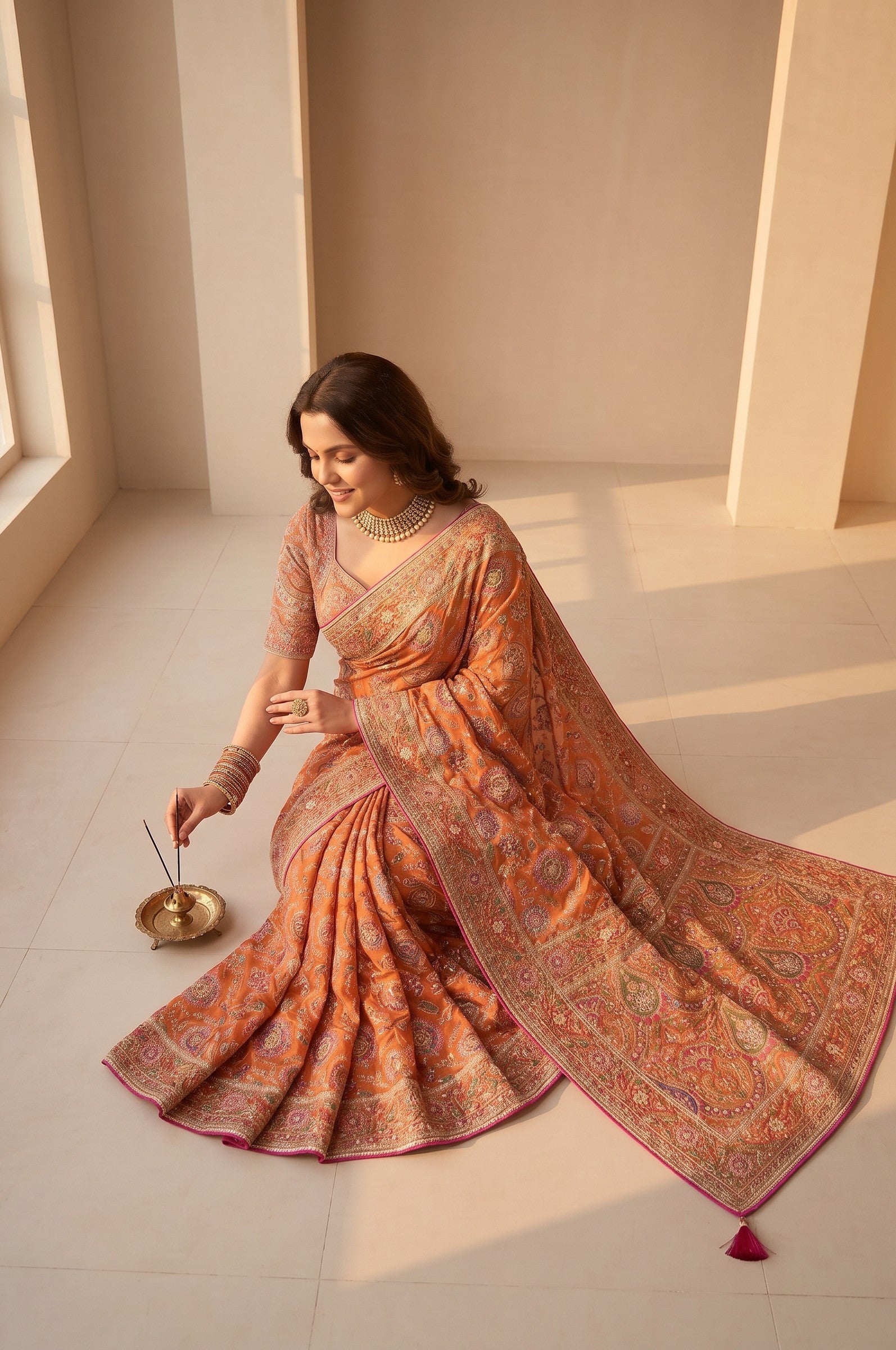 Rangoli orange silk saree with intricate embroidery and traditional motifs, paired with a matching blouse. Perfect for festive occasions.
