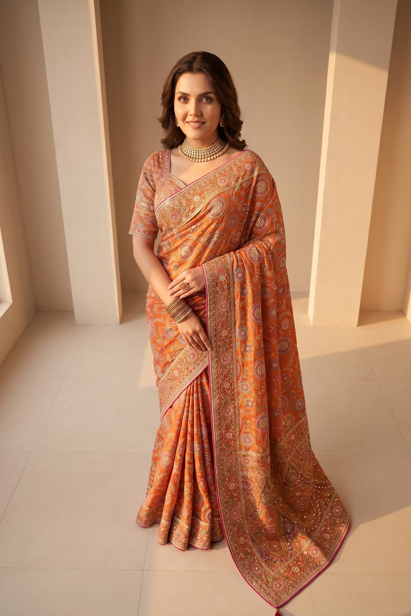 Rangoli orange silk saree with intricate embroidery and traditional motifs, paired with a matching blouse. Perfect for special occasions.
