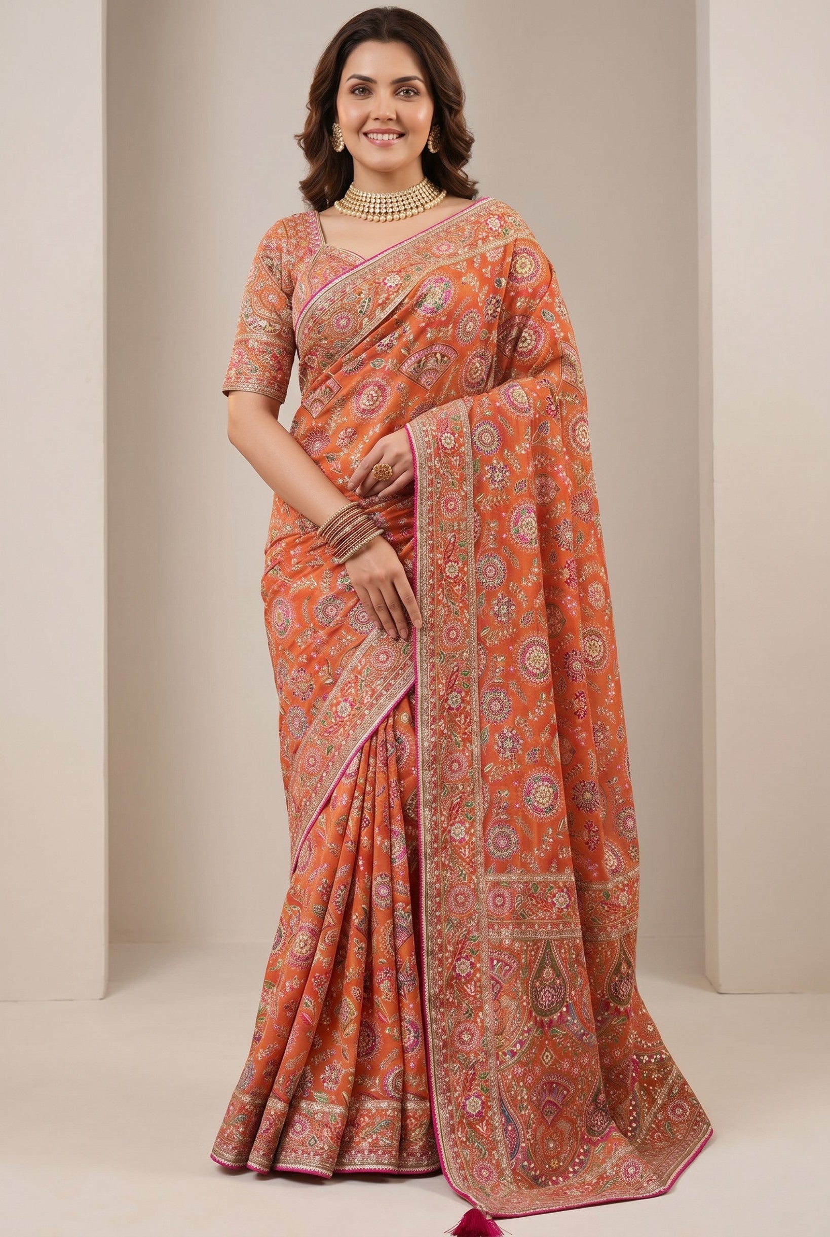 Rangoli vibrant orange silk saree with intricate embroidery and traditional motifs, paired with a matching embroidered blouse.