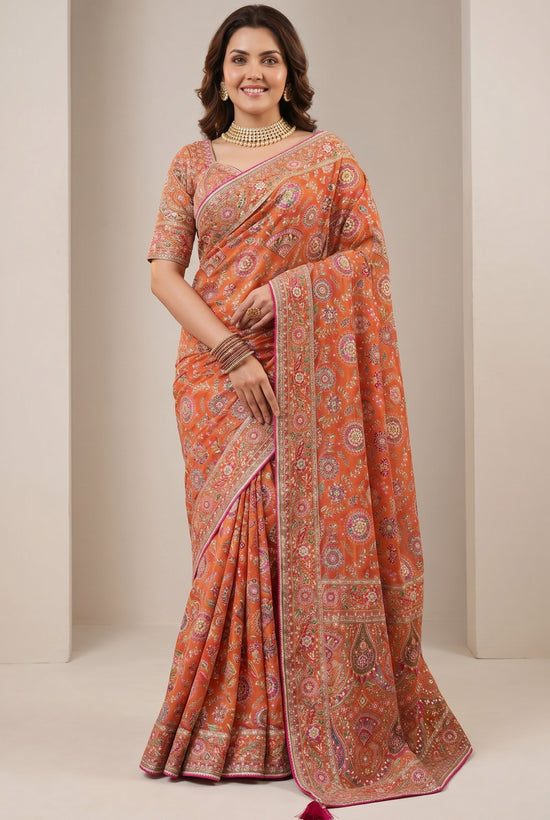 Rangoli vibrant orange silk saree with intricate embroidery and traditional motifs, paired with a matching embroidered blouse.