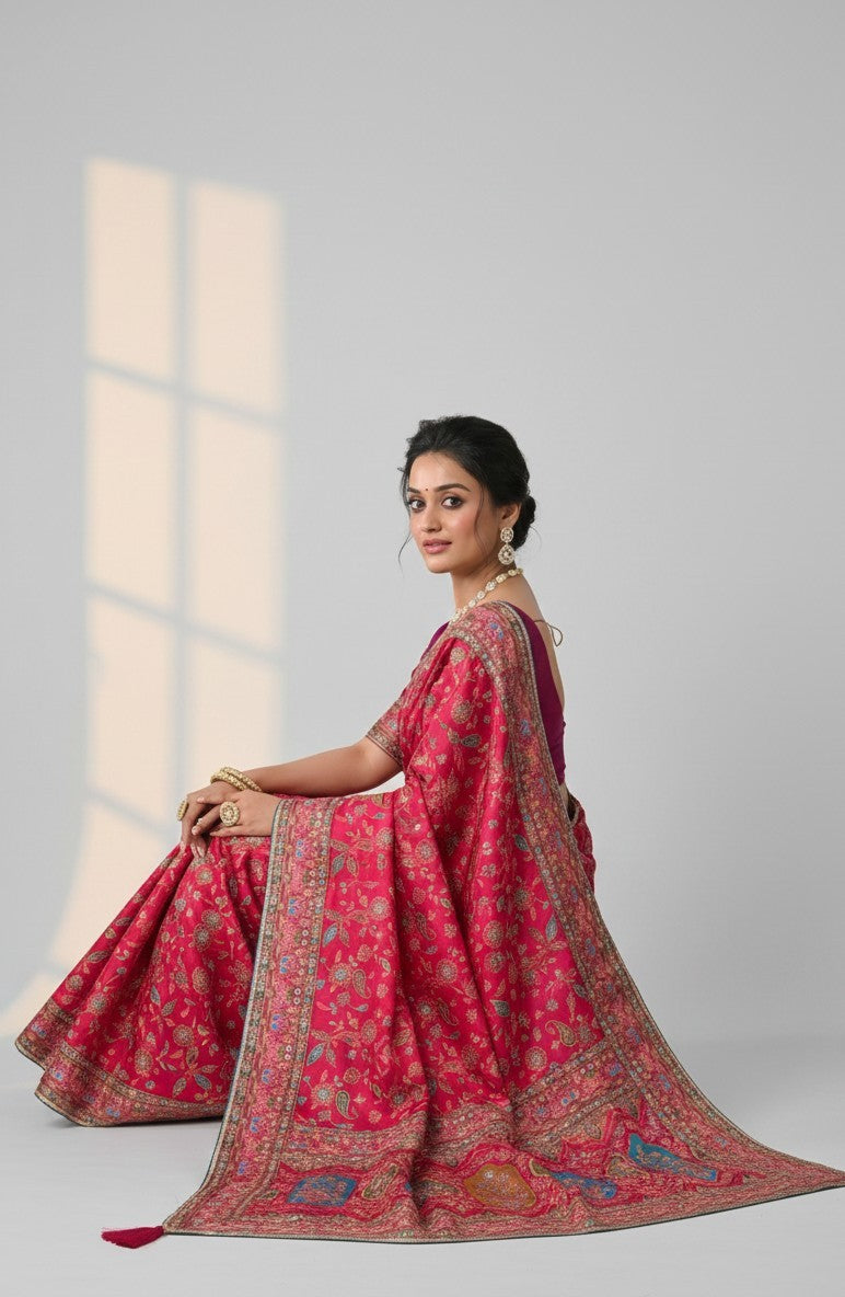 Rangoli vibrant pink silk saree with intricate paisley motif embroidery and a detailed border. Model wears it for a special occasion.