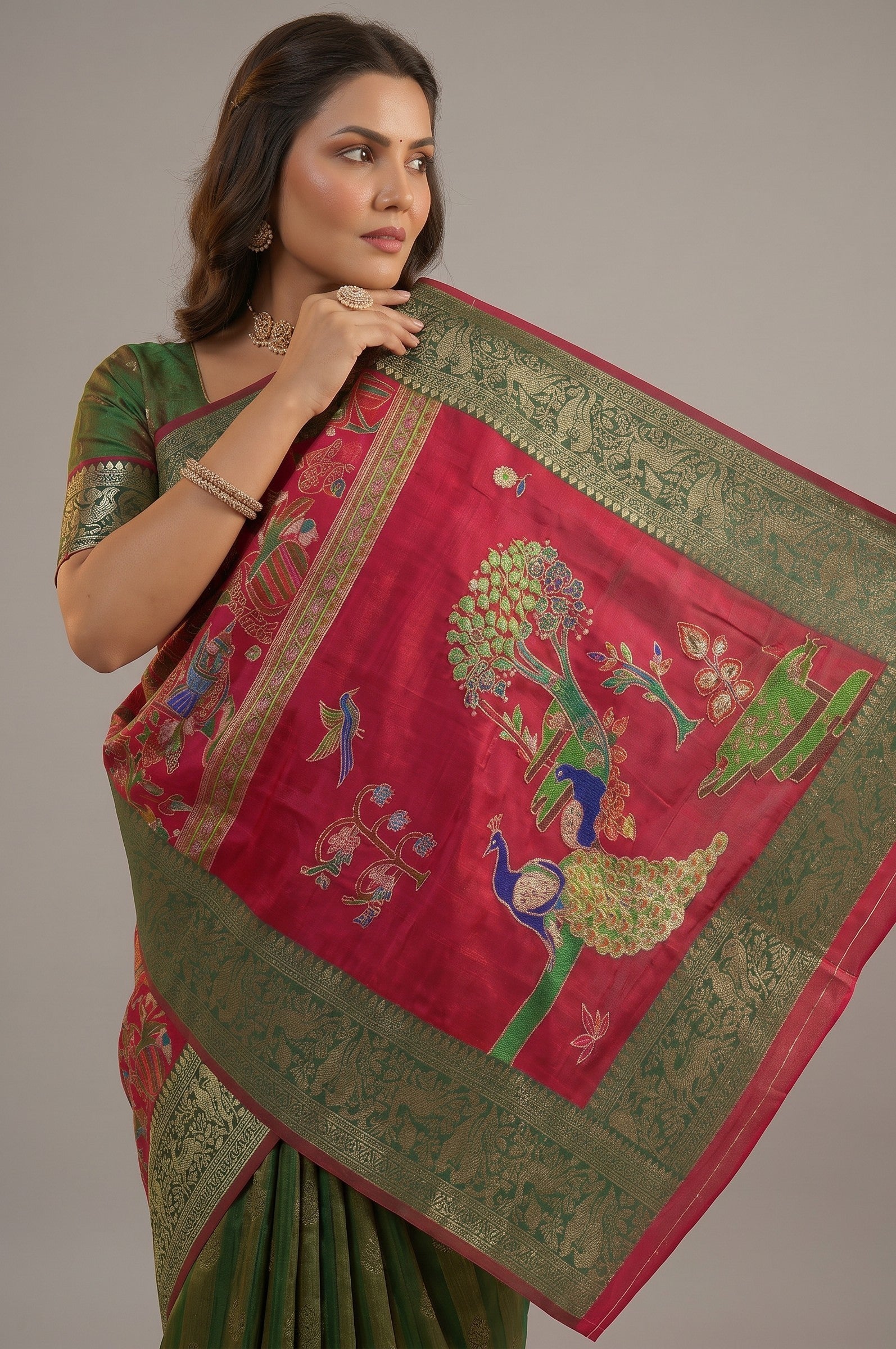 Rangoli vibrant pink silk saree with intricate peacock and tree motifs and a contrasting green gold zari border. Perfect for special occasions.