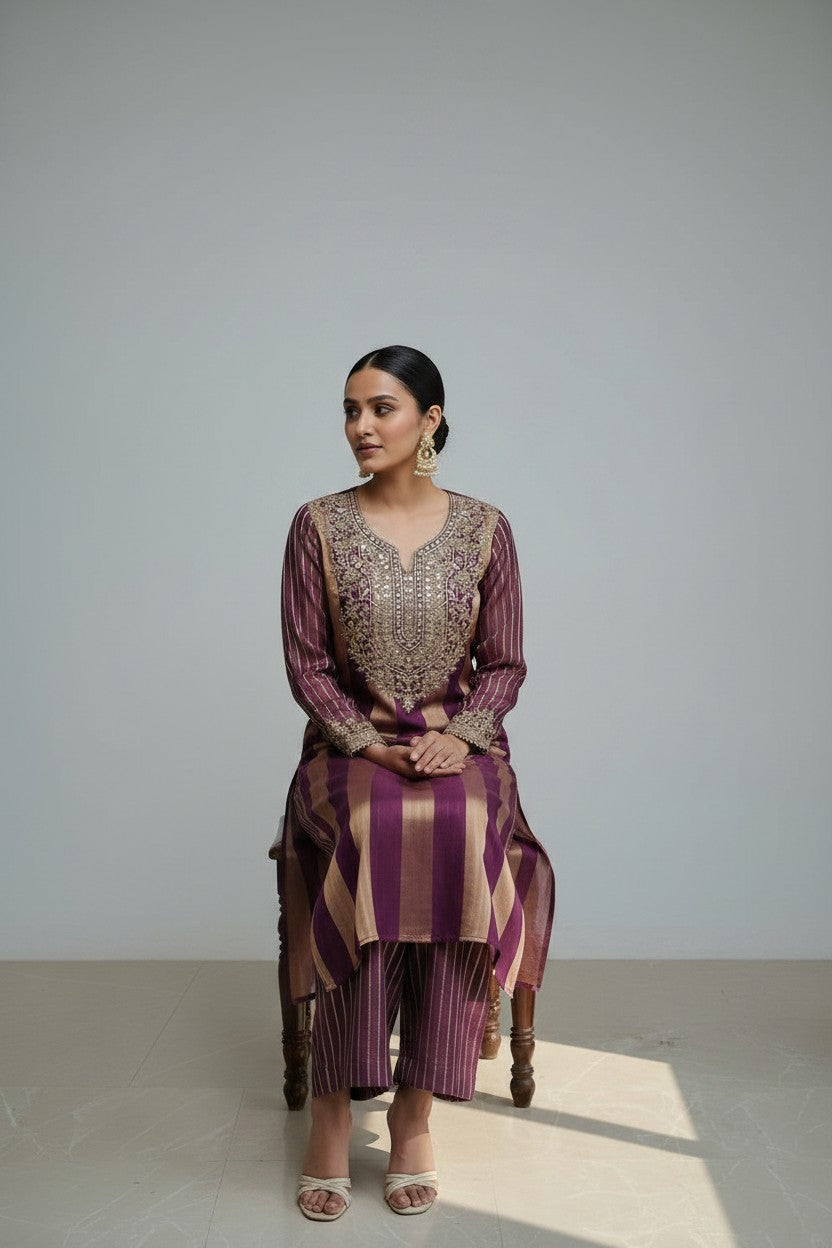 Rangoli plum silk blend kurta and pants set with gold stripes, embroidery, and mirror work. Festive ethnic wear.