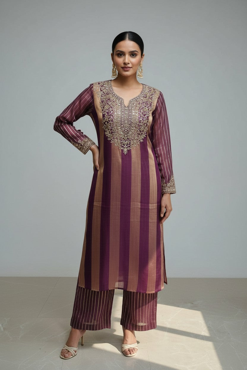 Rangoli plum silk blend kurta and pants set with gold stripes, embroidery, and mirror work on neckline.