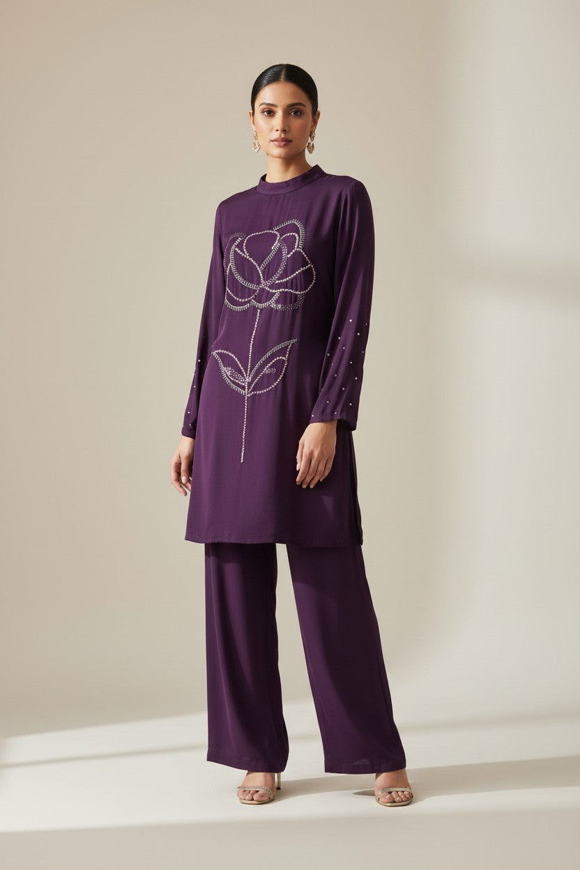 Rangoli deep purple long-sleeved tunic with silver sequin floral embellishments and matching wide-leg pants.