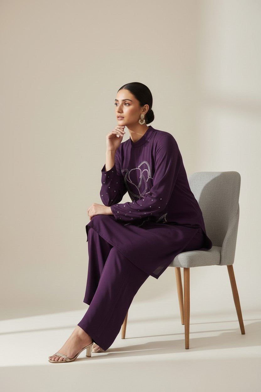 Rangoli deep purple floral sequin embellished tunic with wide leg pants set. High neckline, long sleeves.
