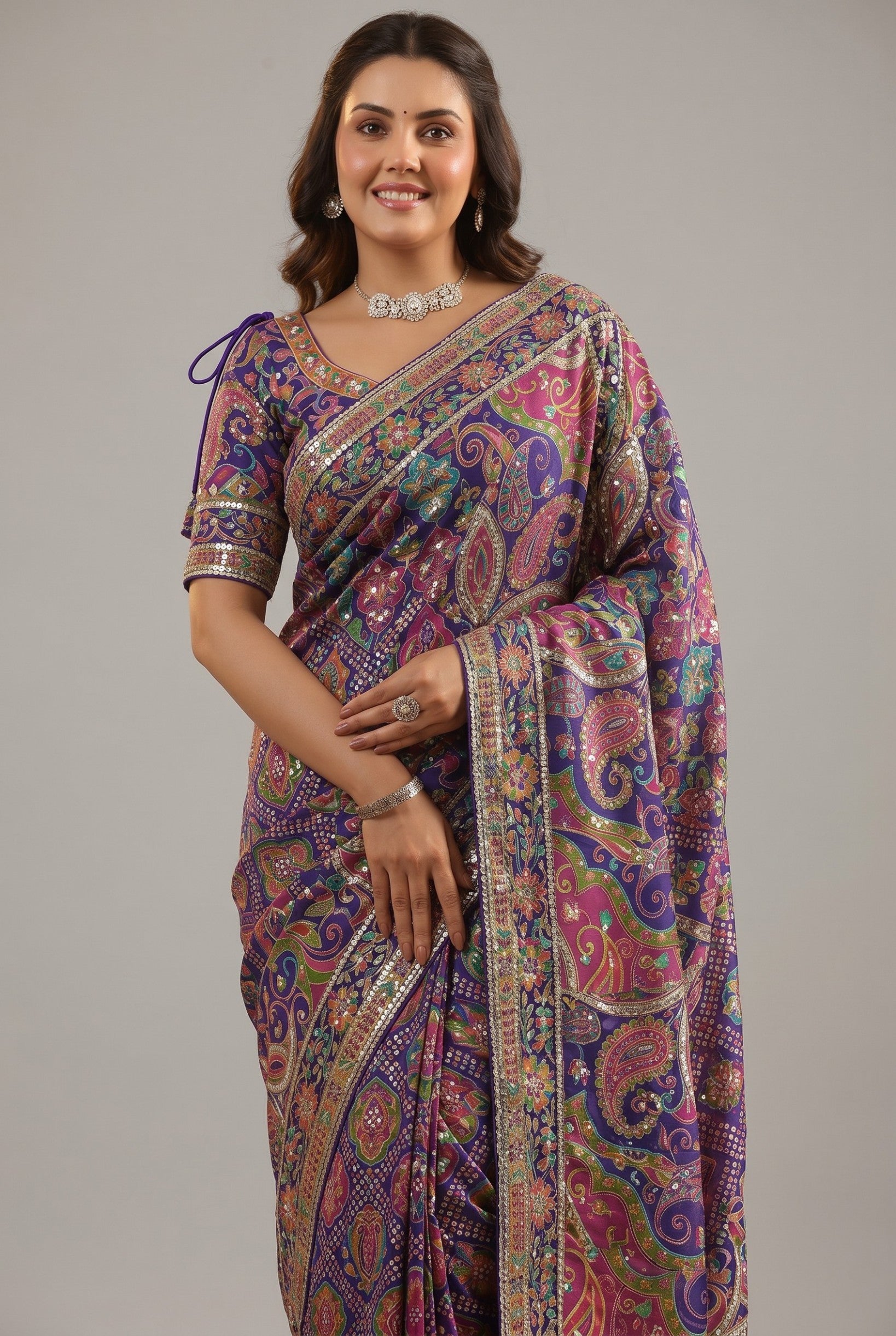 Rangoli purple silk saree with vibrant paisley print, sequin embellishments, and embroidered border. Model wears statement jewelry.