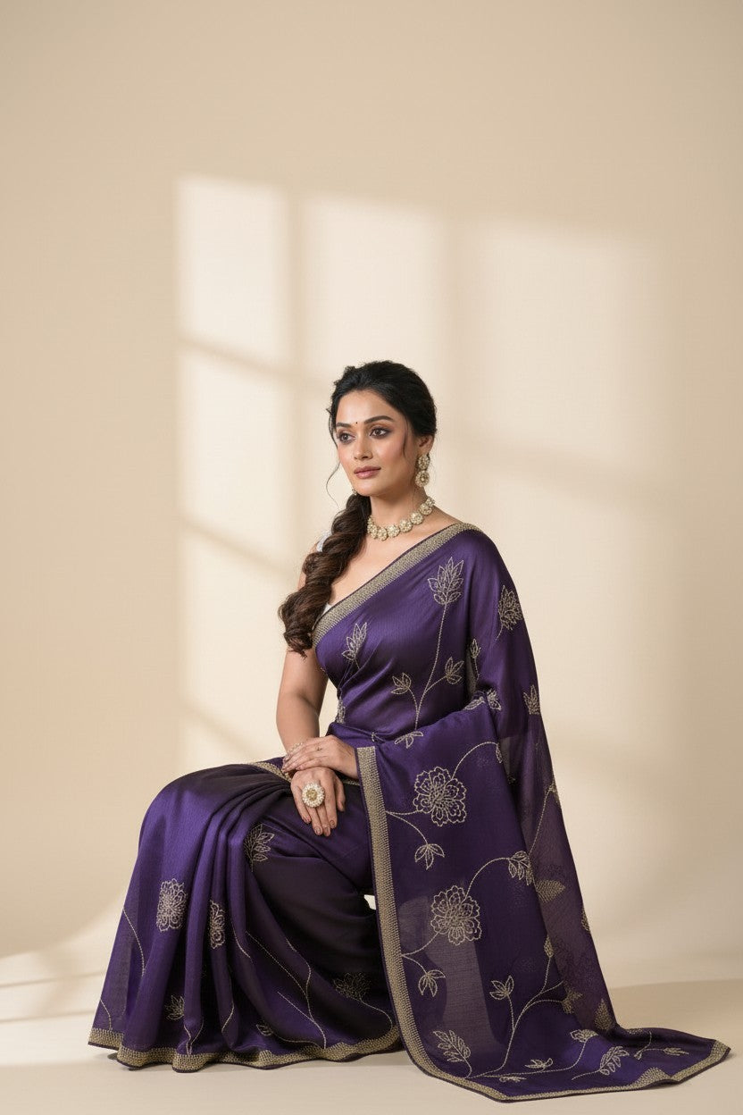 Rangoli deep purple silk saree with intricate golden floral embroidery and detailed border. Perfect for festive occasions.