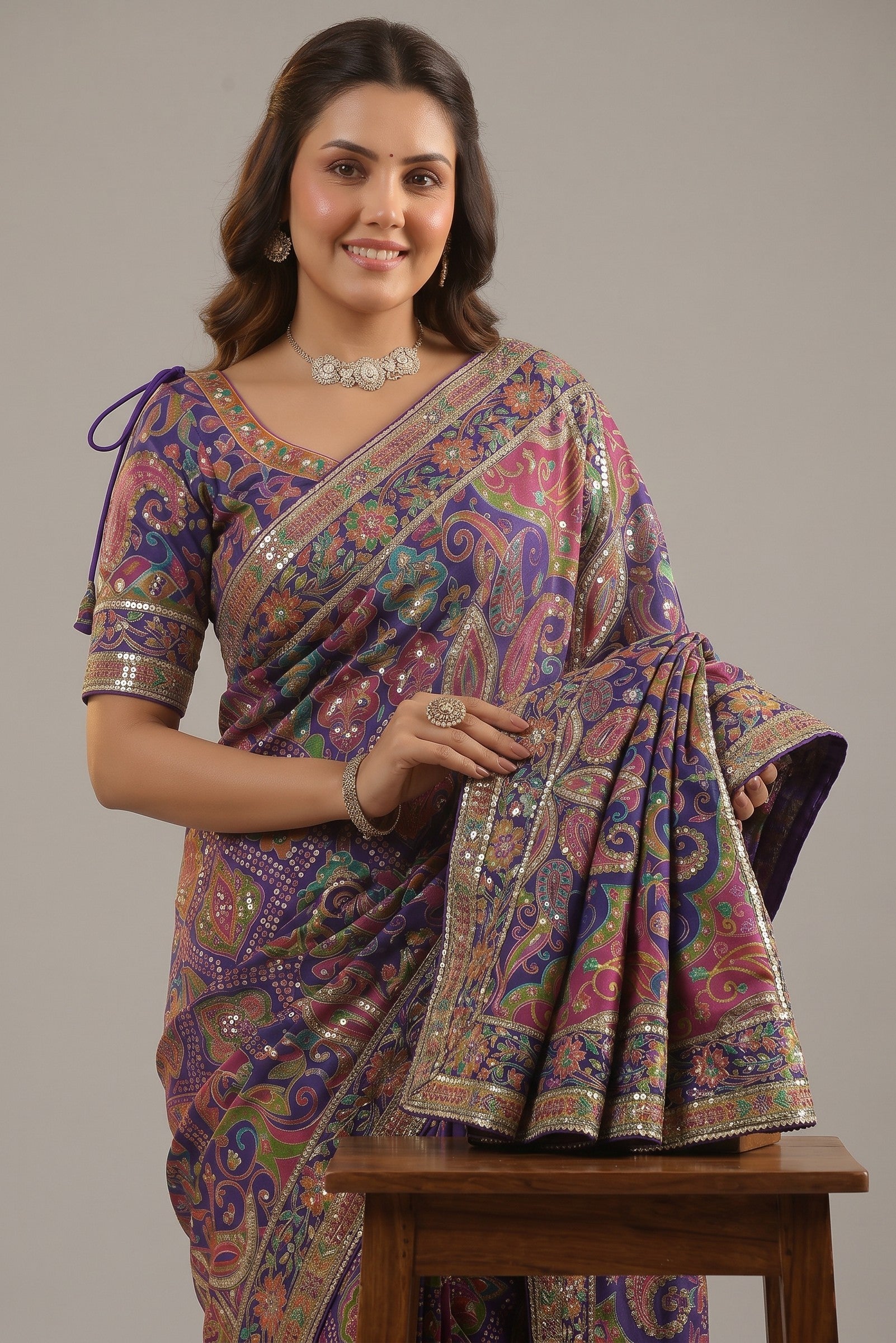Rangoli purple silk saree with paisley print, sequin embellishments, and embroidered border. Model wears statement jewelry.