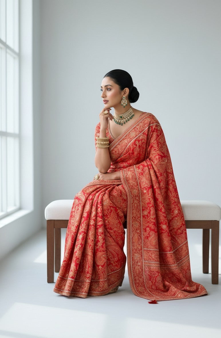 Rangoli red silk saree with intricate gold paisley motifs and zari work, worn by a model with traditional jewelry.