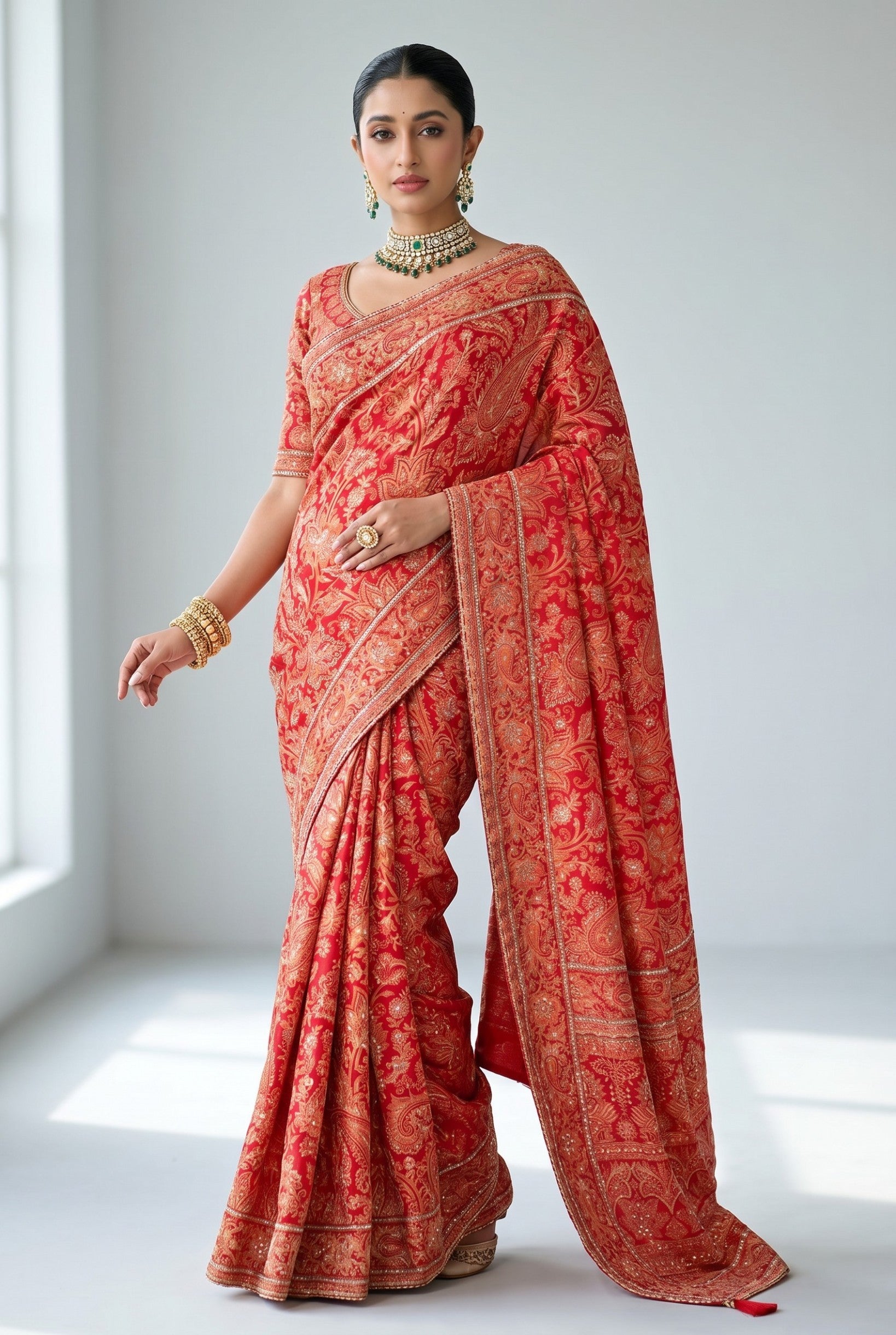 Rangoli red silk saree with intricate gold paisley motifs and zari work. Model wears statement jewelry.