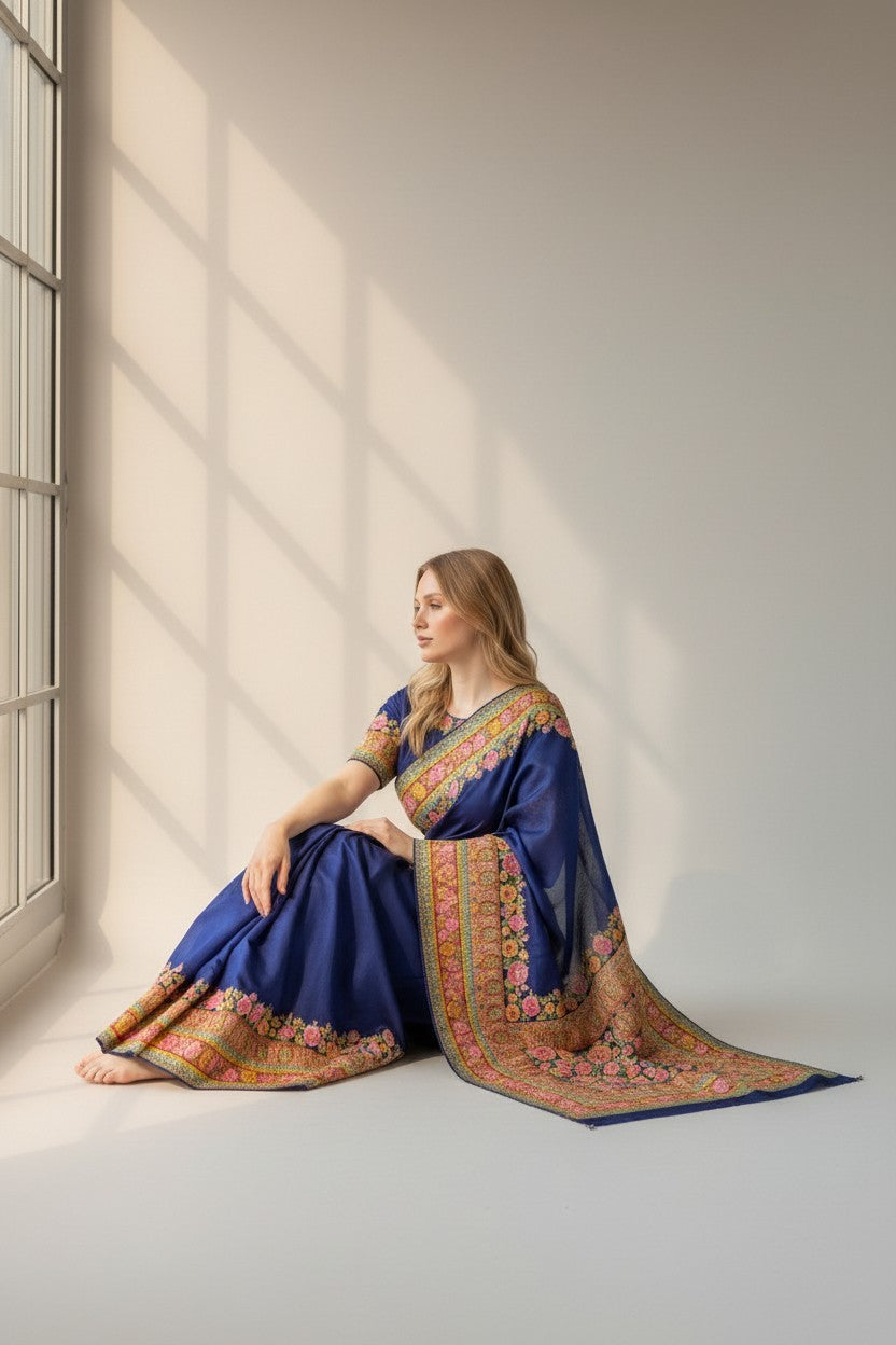 Rangoli royal blue silk saree with intricate floral embroidery on borders and sleeves, includes matching blouse.