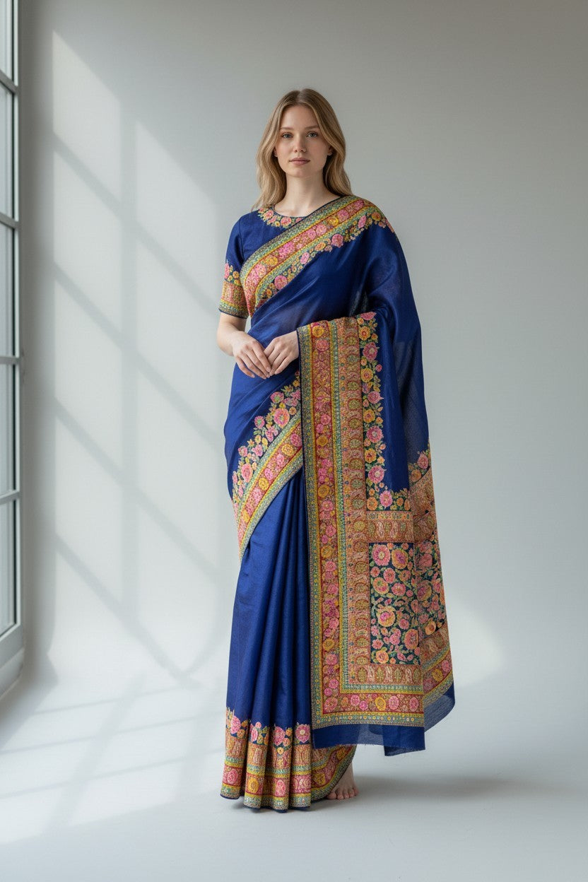 Rangoli royal blue silk saree with intricate floral embroidery on borders and matching blouse. Perfect for special occasions.