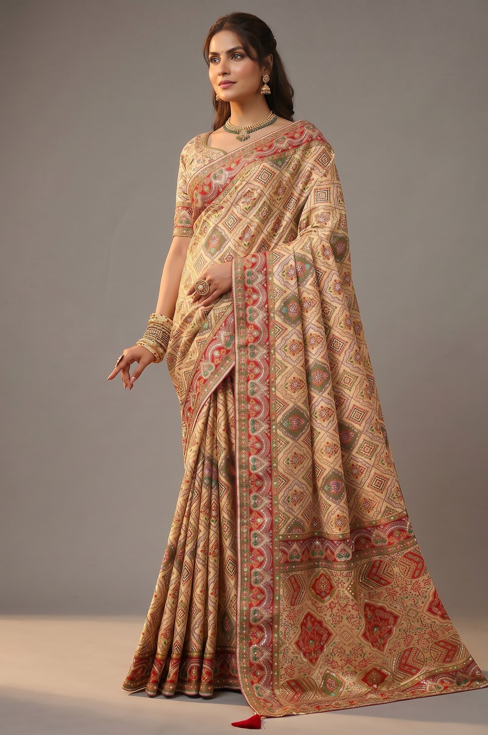 Rangoli beige silk blend saree with intricate geometric patterns in red, green, and gold. Features a detailed border and pallu.