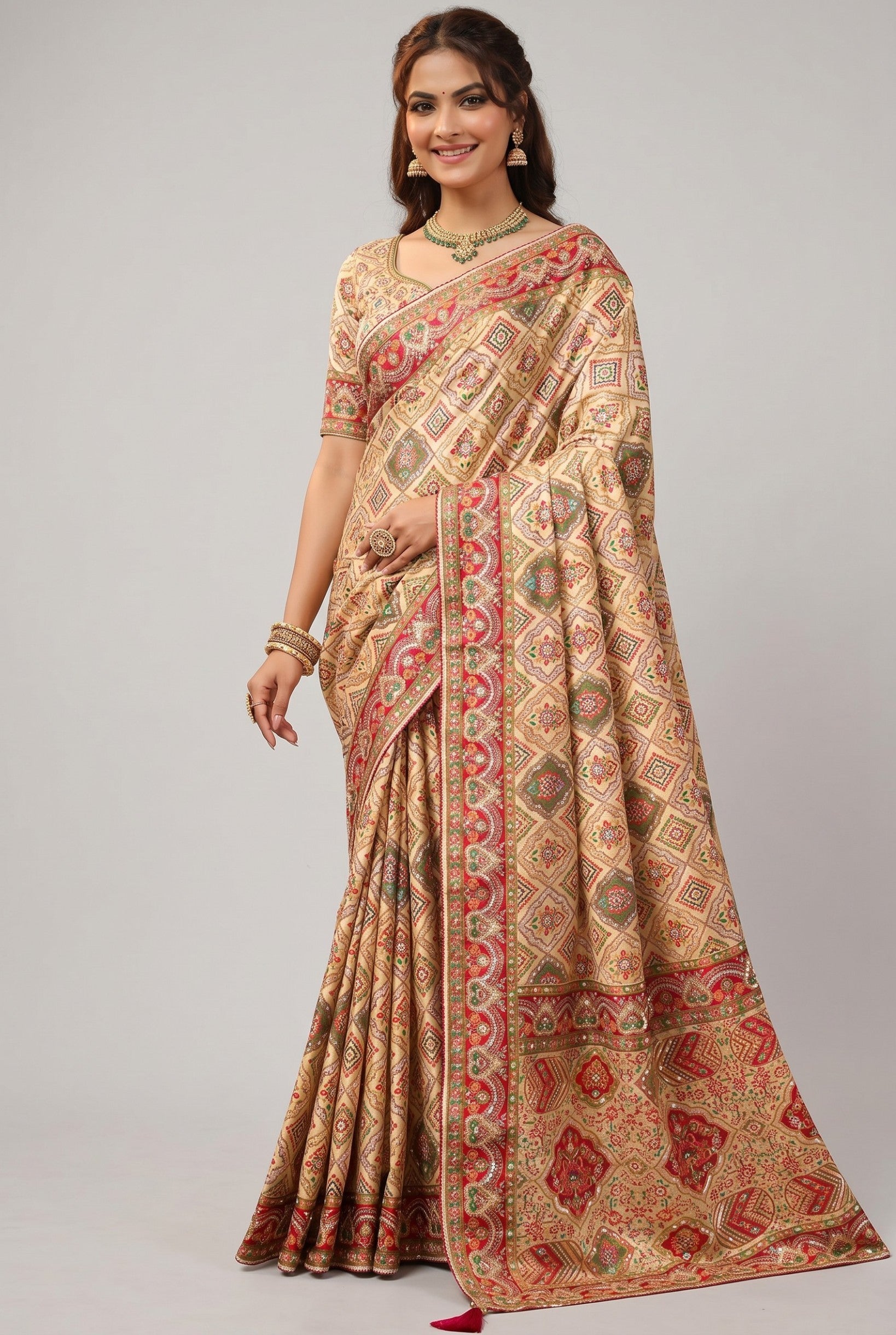 Rangoli beige silk blend saree with intricate red, green, and gold geometric patterns and embroidered border. Model wearing unstitched blouse.