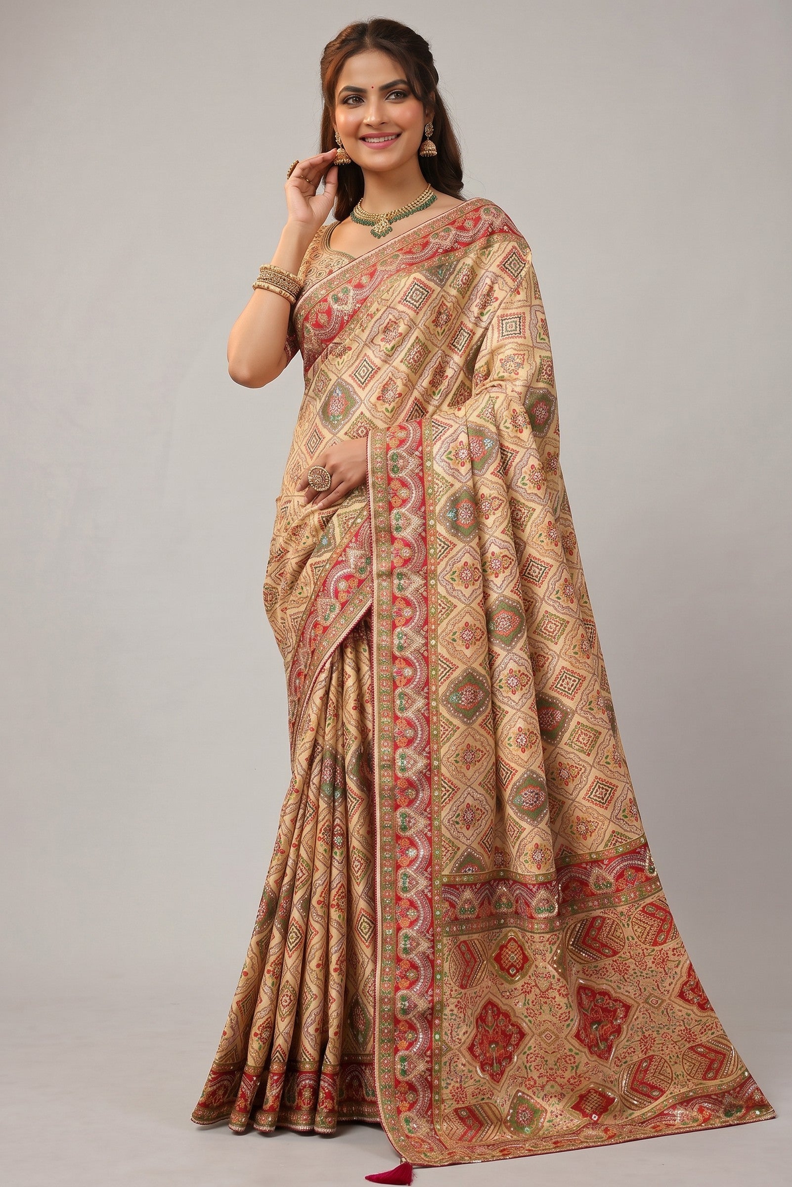 Rangoli beige silk blend saree with intricate geometric patterns in red, green, and gold. Features a detailed border and pallu.
