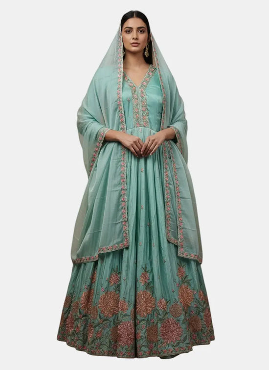 Firozi Blue Embroidered Anarkali Set with Dupatta - Rangoli India