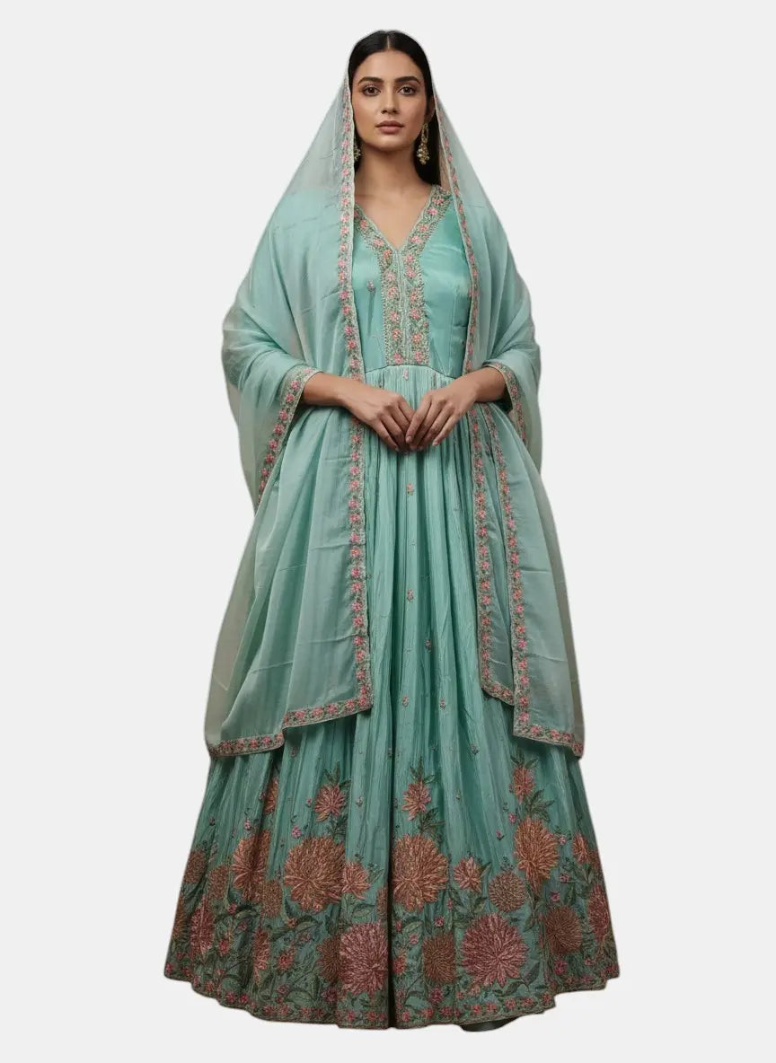 Woman wearing a light green traditional outfit with floral patterns on a white background