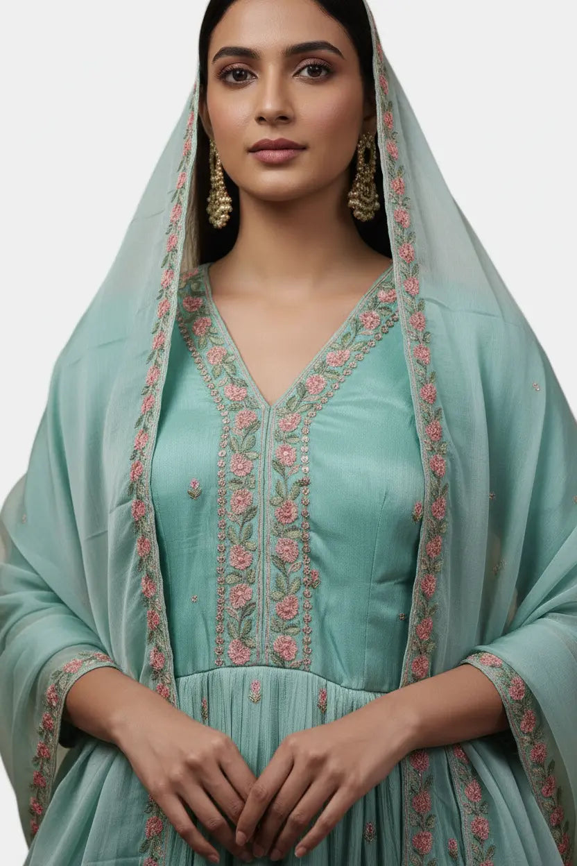 Woman wearing a light blue embroidered dress with a matching dupatta on a white background