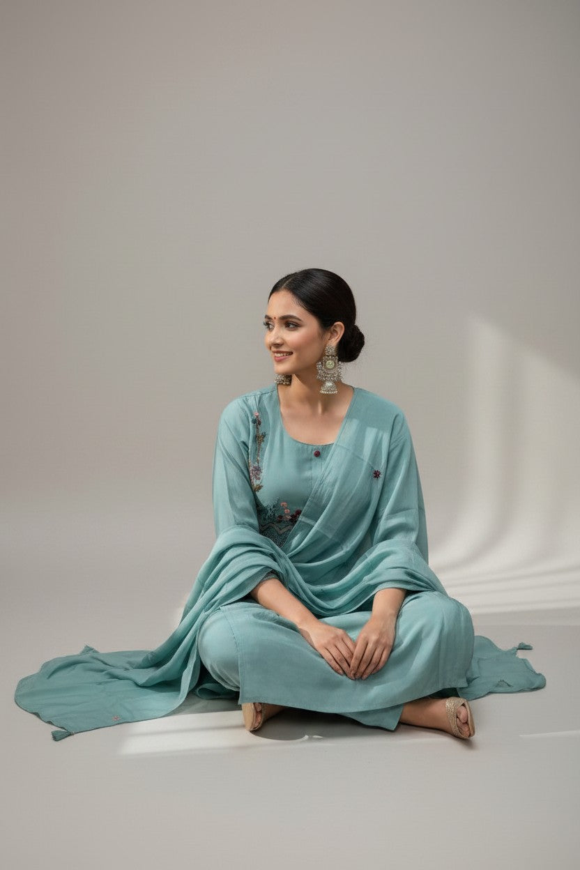Rangoli teal embroidered kurta set with pants and dupatta. Lightweight fabric with floral embroidery.